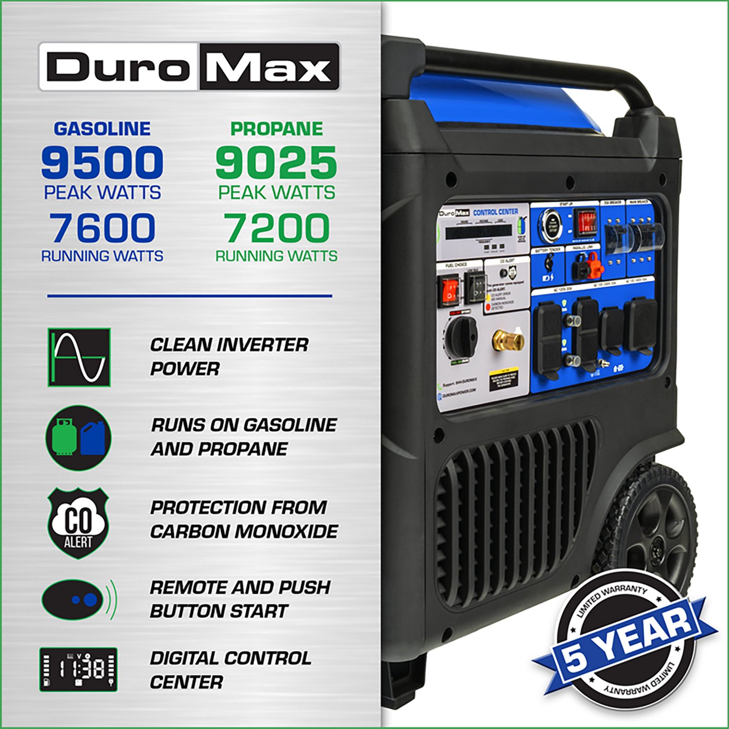 DuroMax 9,500 Watt Portable Dual Fuel Inverter Generator With Carbon Monoxide Alert - view number 2