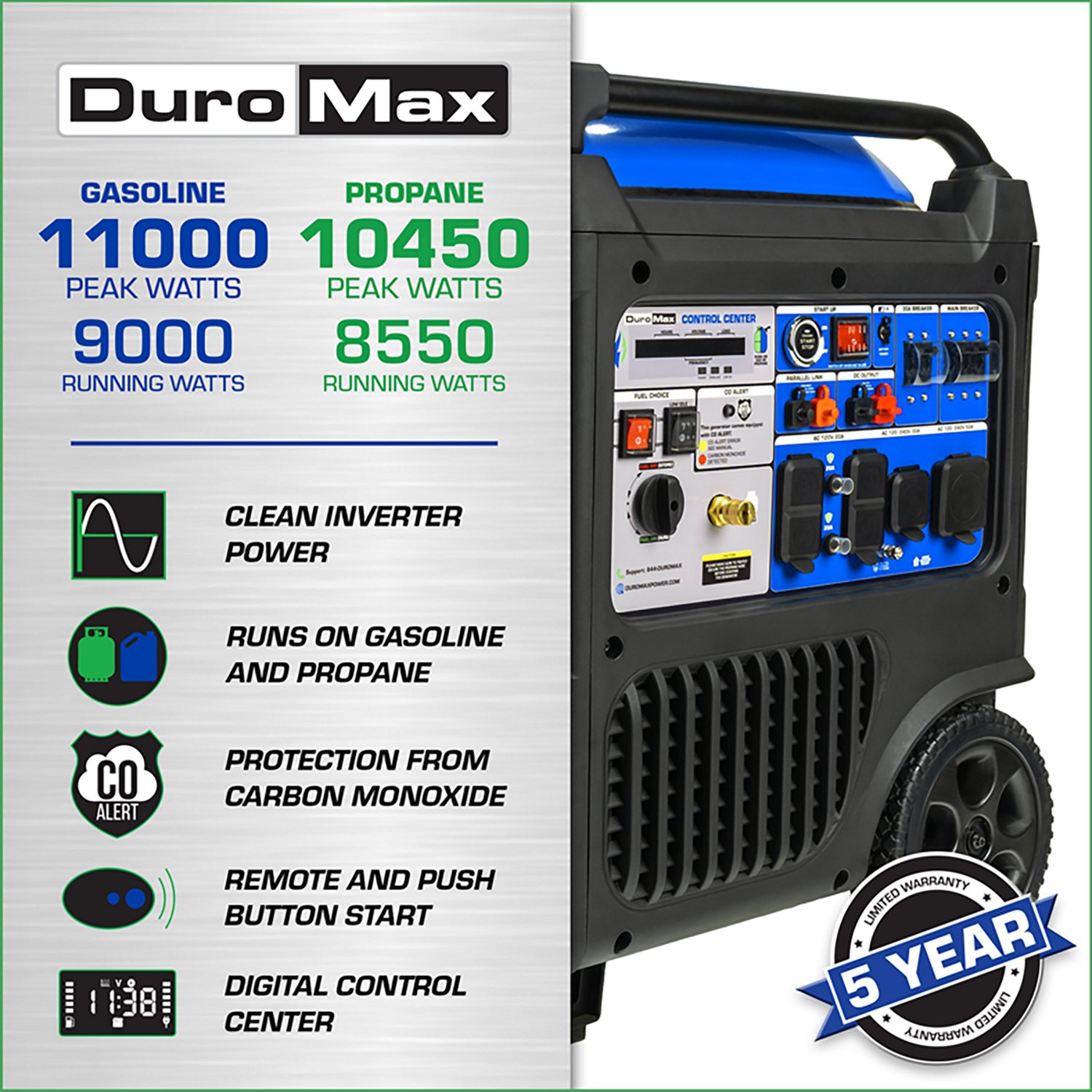 DuroMax XP11000iH 11,000 Watt Portable Duel Fuel Inverter Generator with CO Alert - view number 2