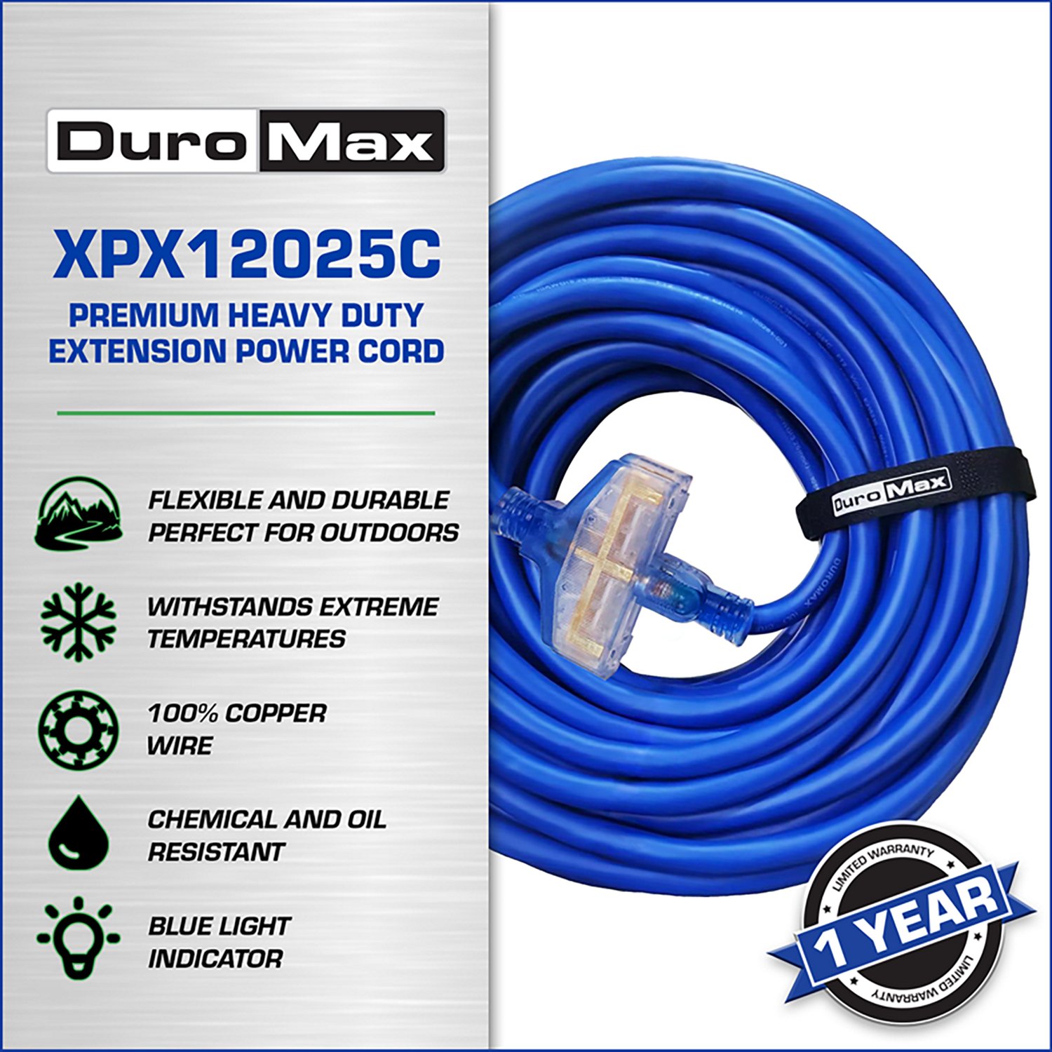 DuroMax 12025C Heavy Duty SJEOOW 25 Foot 12 Gauge Blue Triple Tap Extension Power Cord  - view number 2