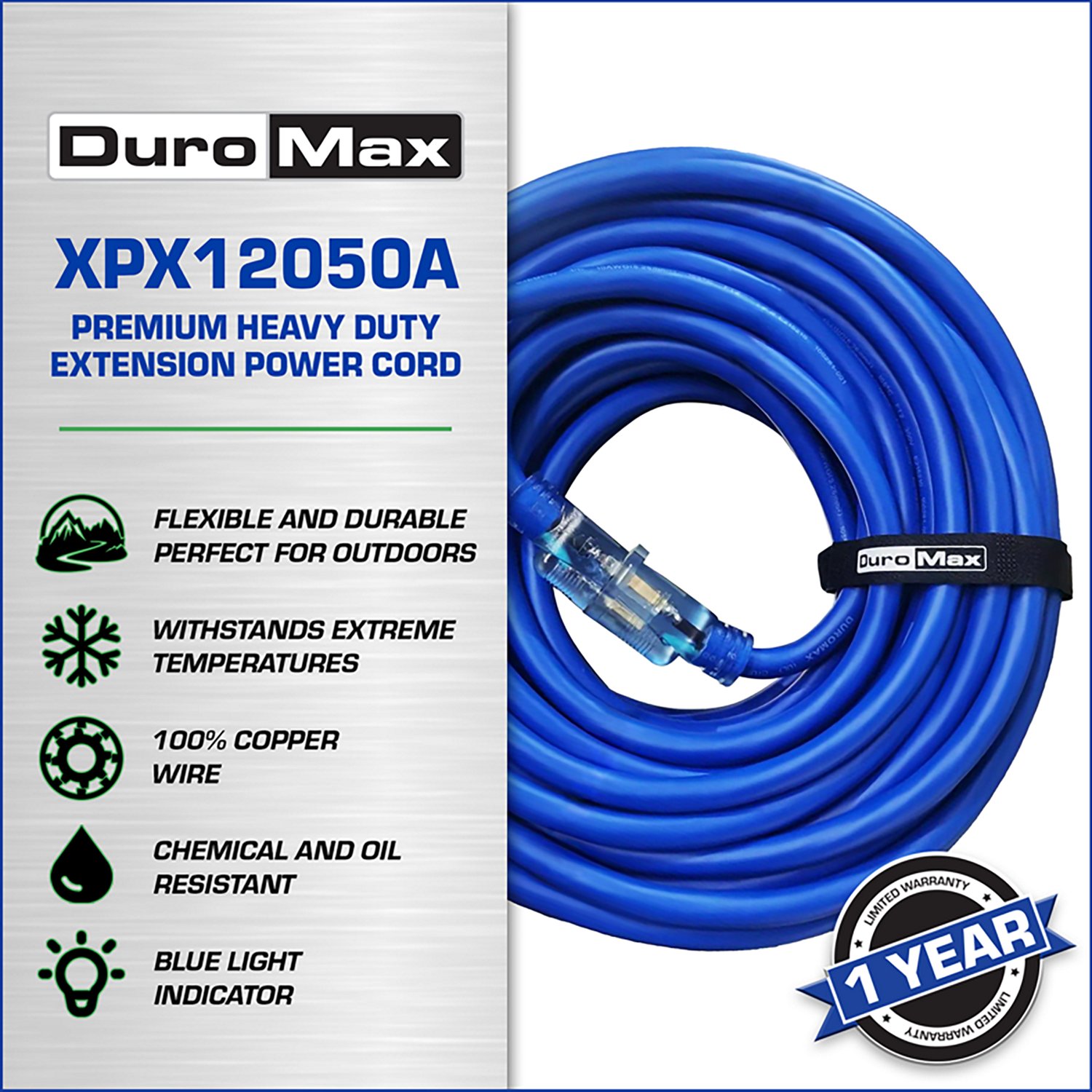 DuroMax XPX12050A Heavy Duty SJEOOW 50 Foot 12 Gauge Blue Single Tap Extension Power Cord - view number 2