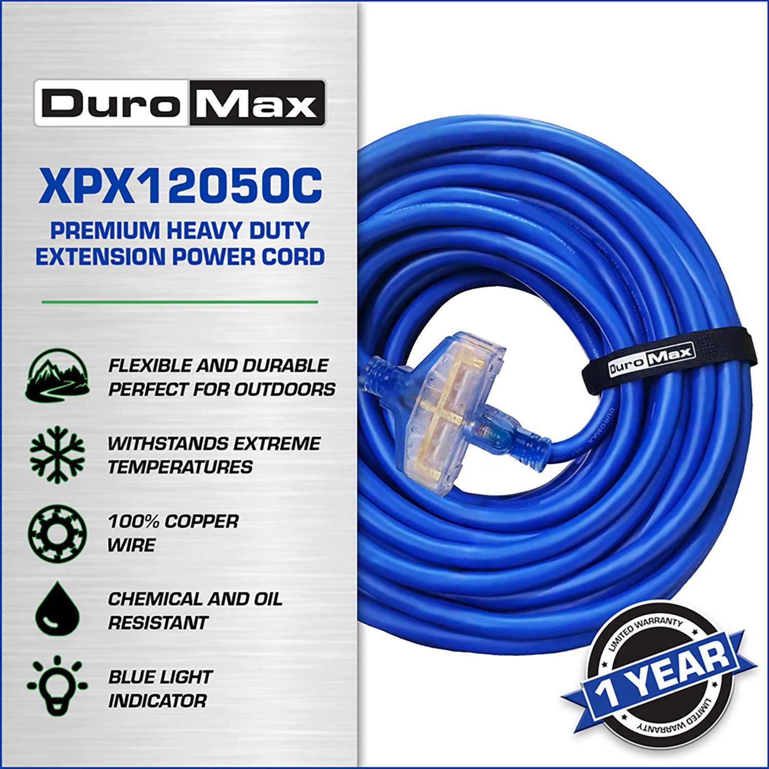 DuroMax XPX12050C Heavy Duty SJEOOW 50 Foot 12 Gauge Blue Triple Tap Extension Power Cord - view number 2