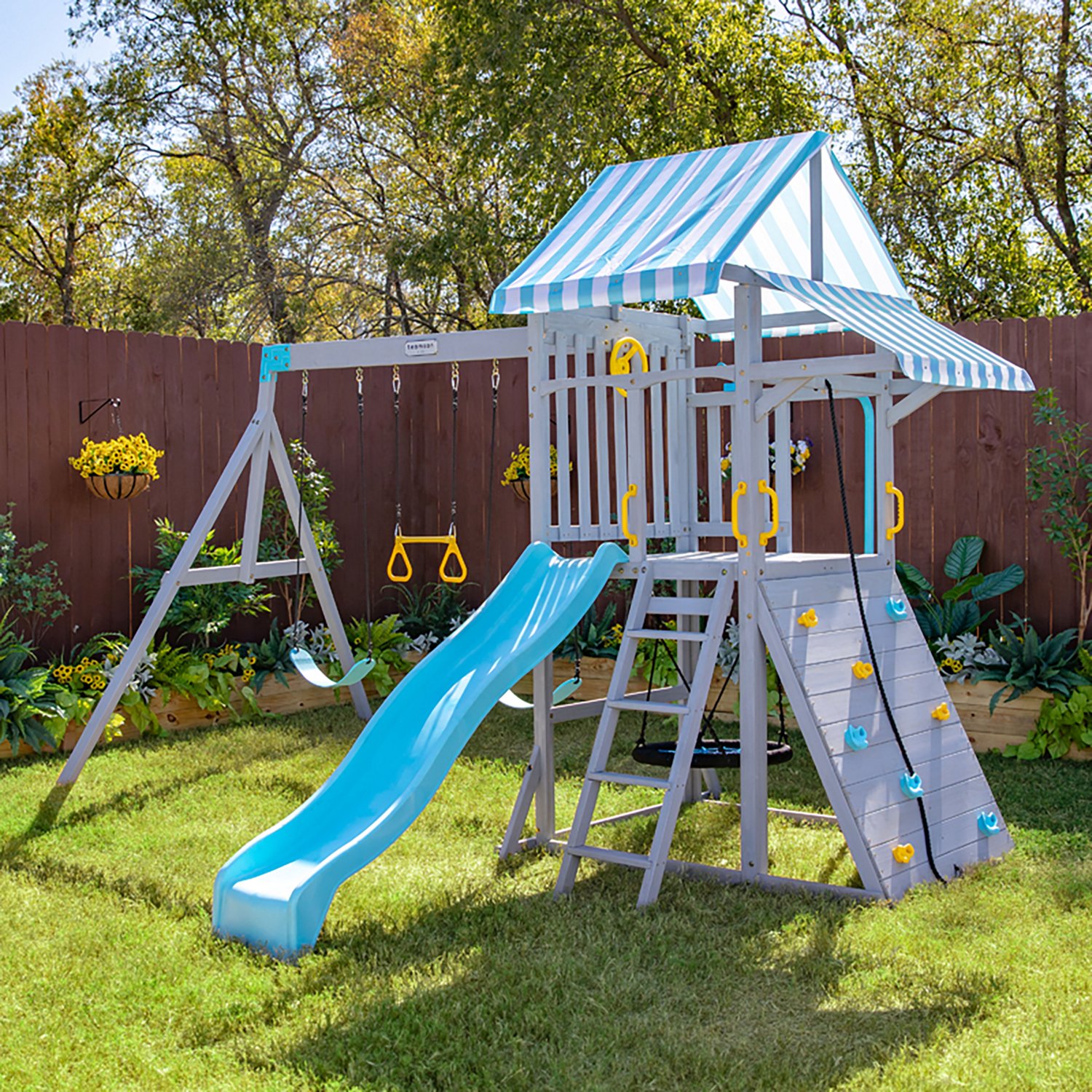 Teamson Kids' Laguna Swing Playset with Platform and Rock Wall