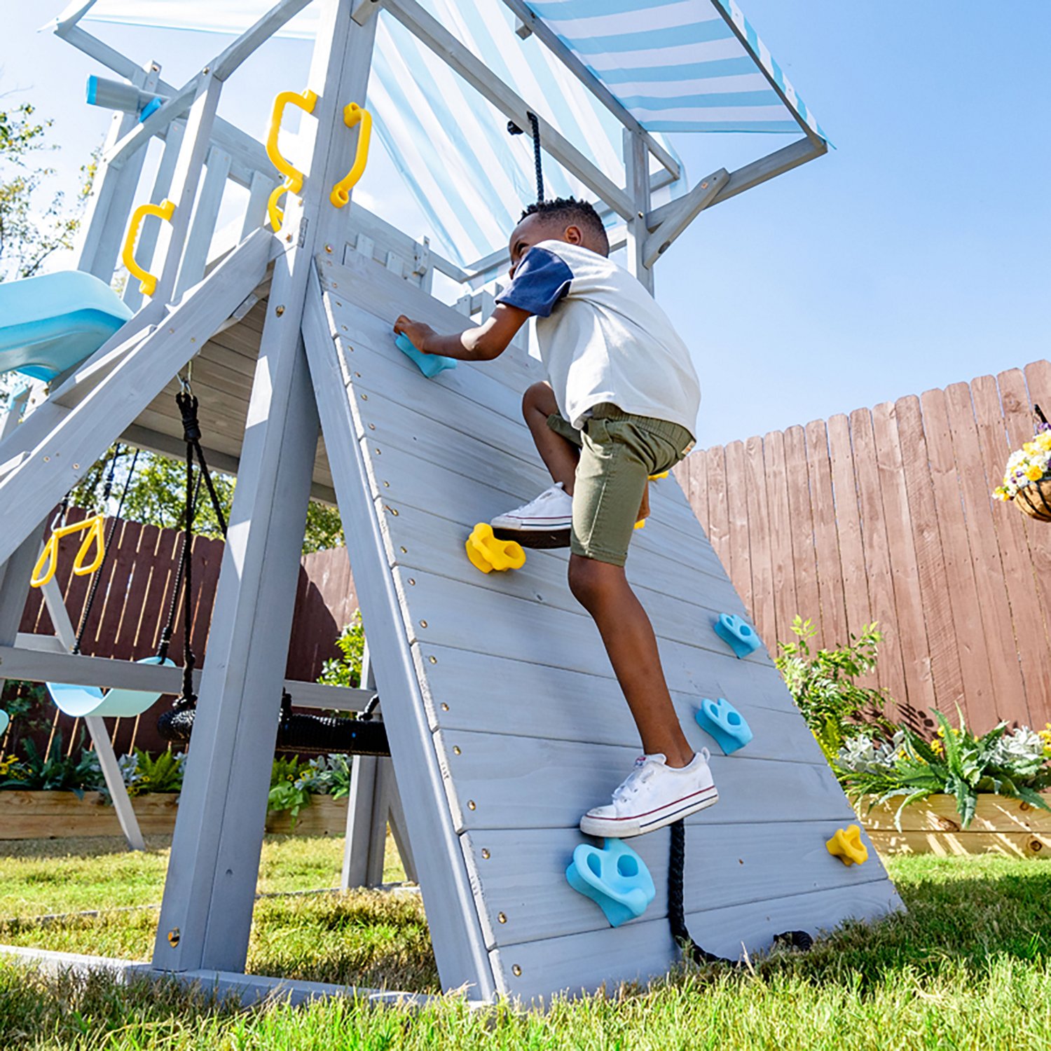 Teamson Kids' Laguna Swing Playset with Platform and Rock Wall