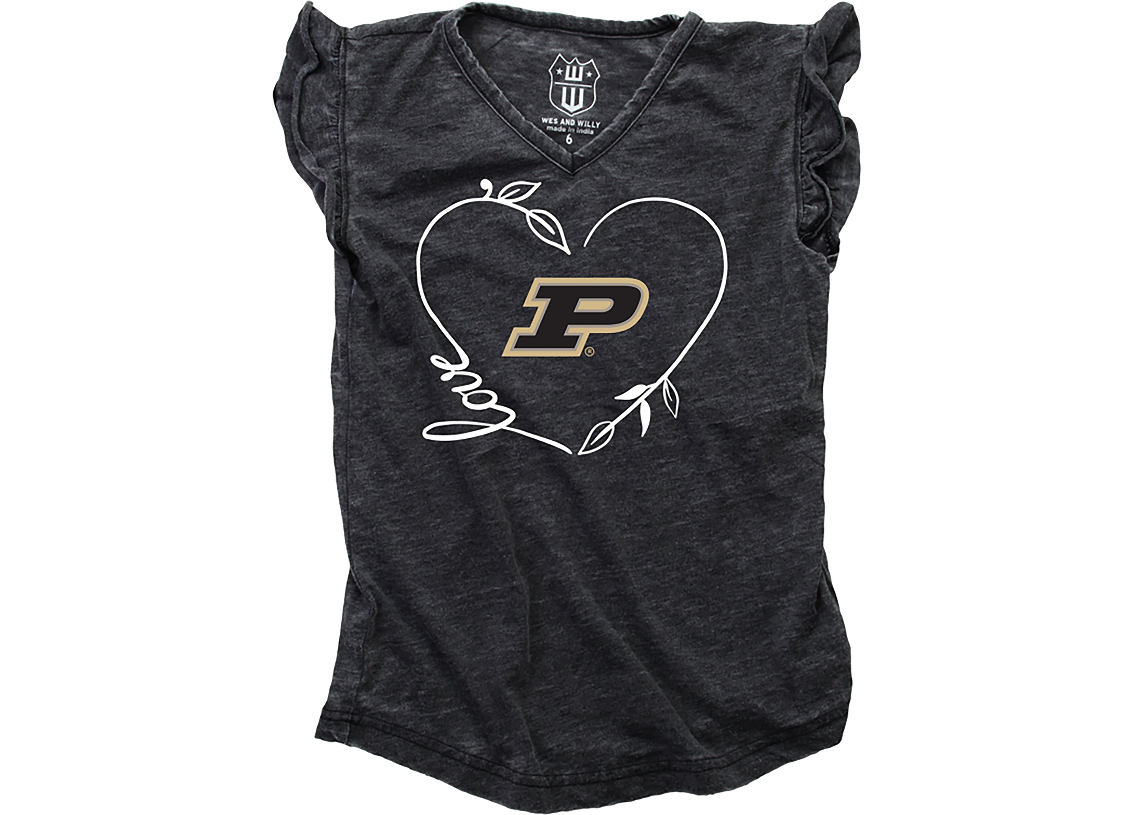Wes and Willy Girls' Purdue University Heart Ruffle Sleeve Burnout Tank Top