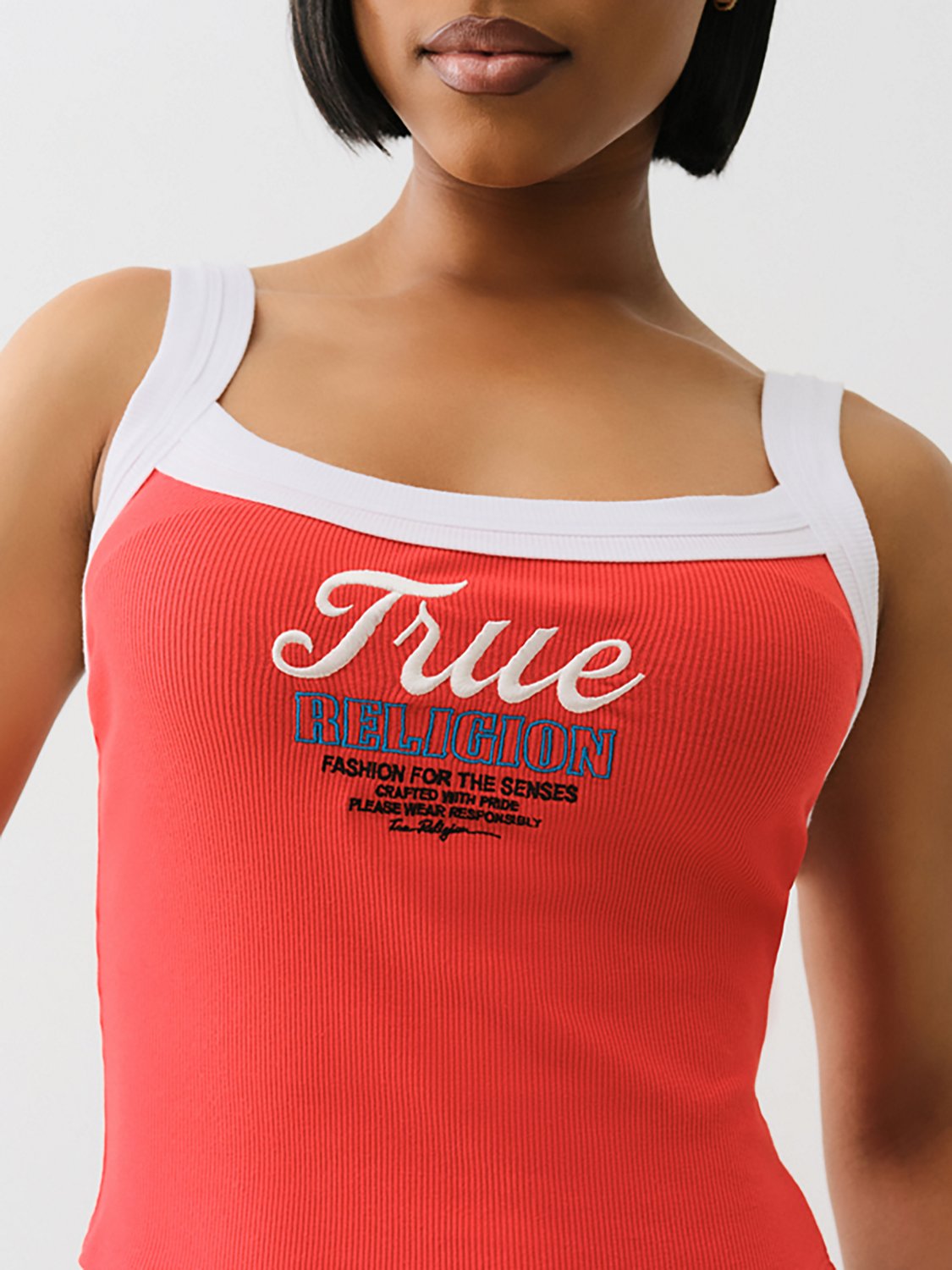 True Religion Women's Embroidered Cropped Ringer Graphic Tank Top - view number 3