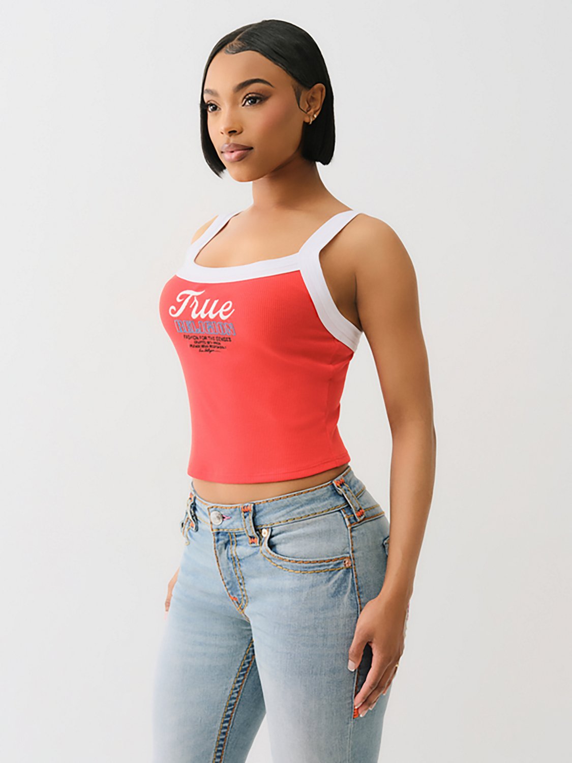 True Religion Women's Embroidered Cropped Ringer Graphic Tank Top - view number 4
