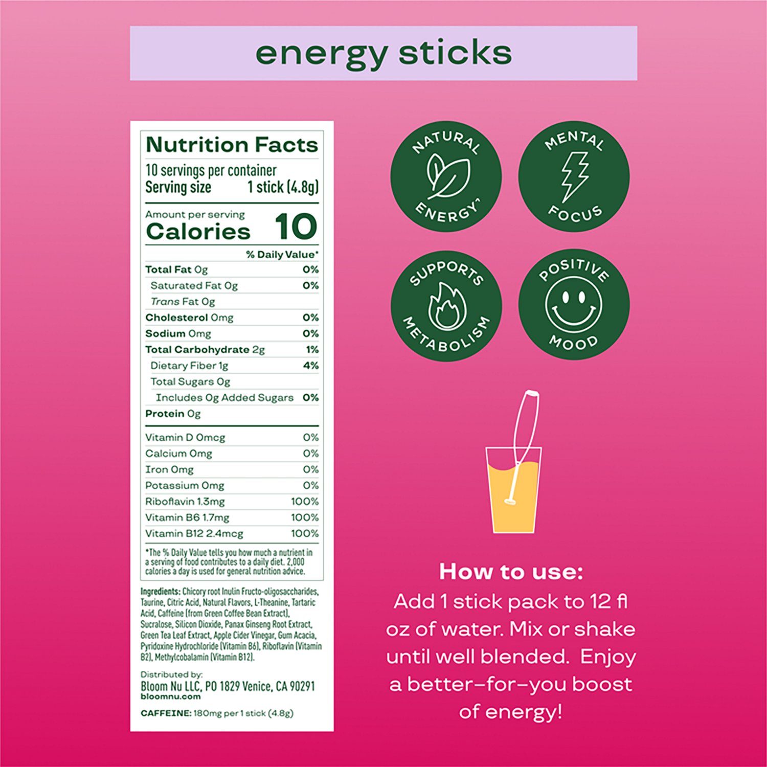 Bloom Nutrition Cherry Lime Energy Sticks 10-Pack