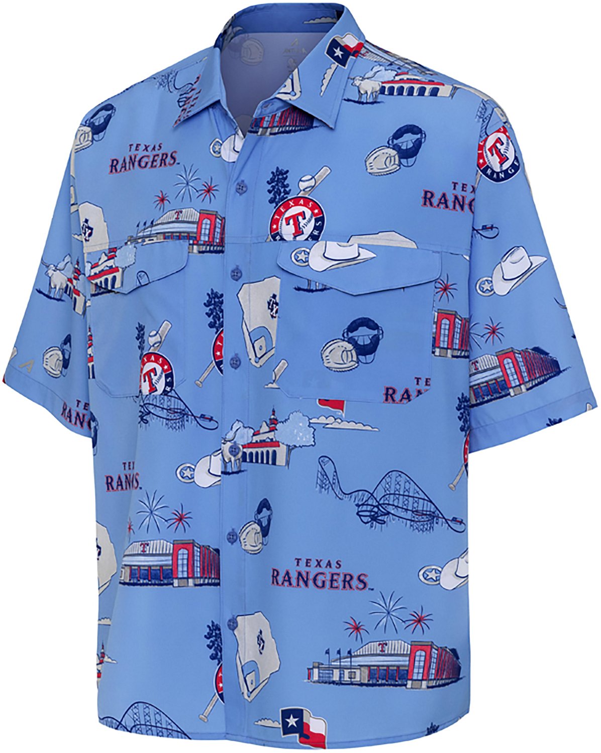 Antigua Men's Texas Rangers Landmark Woven Short Sleeve Fishing Shirt - view number 3