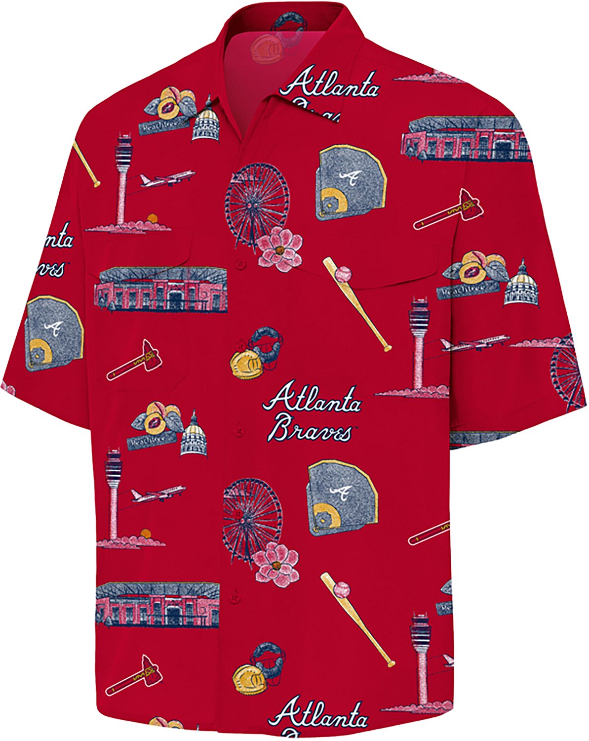 Antigua Men's Atlanta Braves Landmark Woven Short Sleeve Fishing Shirt
