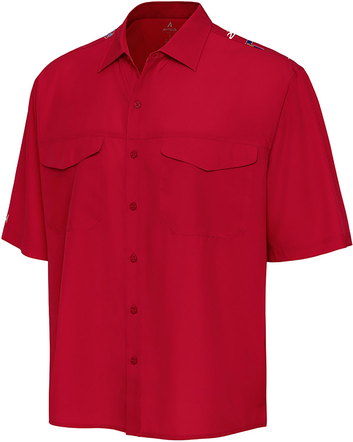 Antigua Men's Atlanta Braves Scatter Print Woven Short Sleeve Fishing Shirt - view number 2