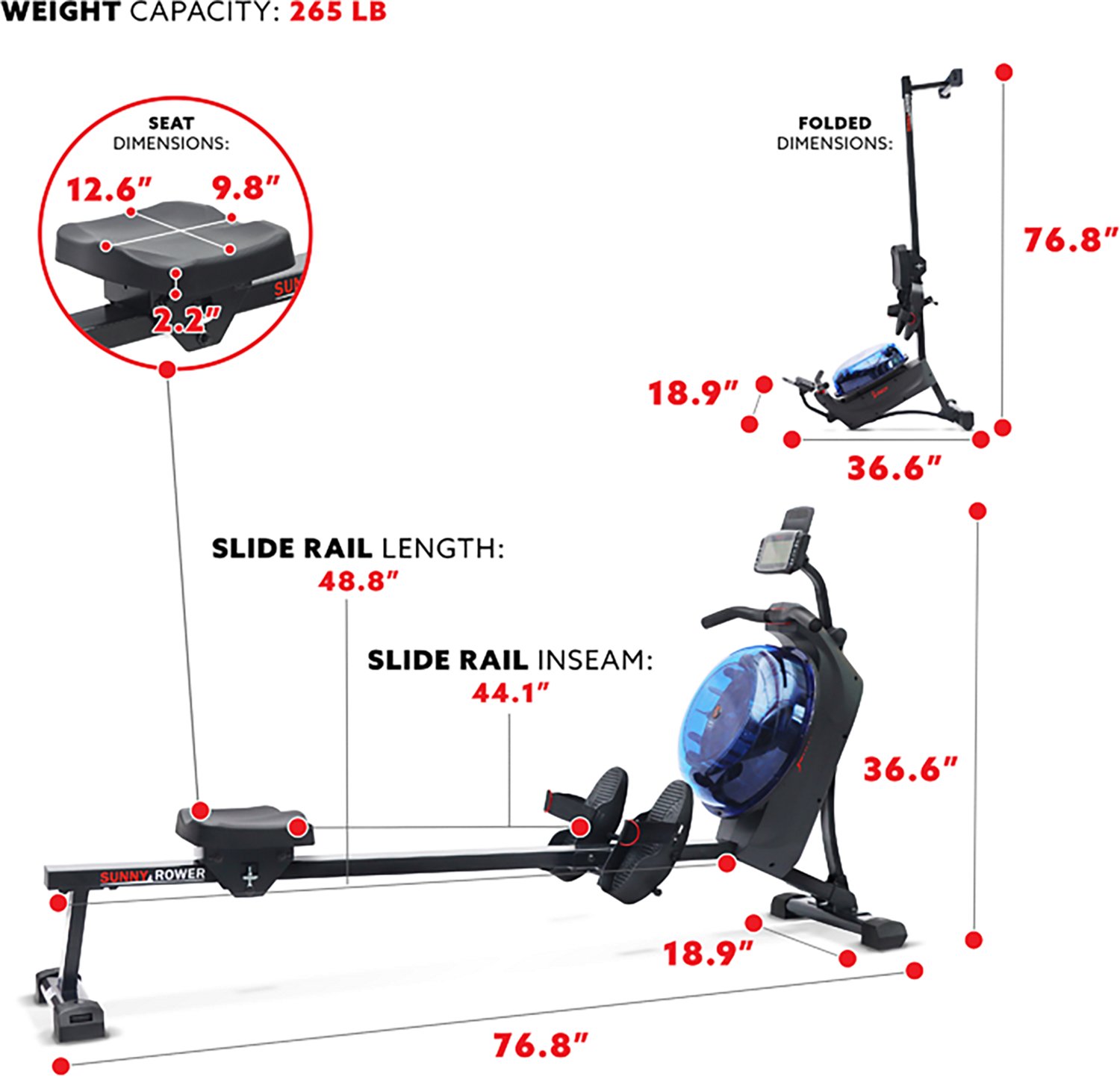 Sunny Health & Fitness Hydro + Dual-Resistance Smart Magnetic Water Rowing Machine - view number 6