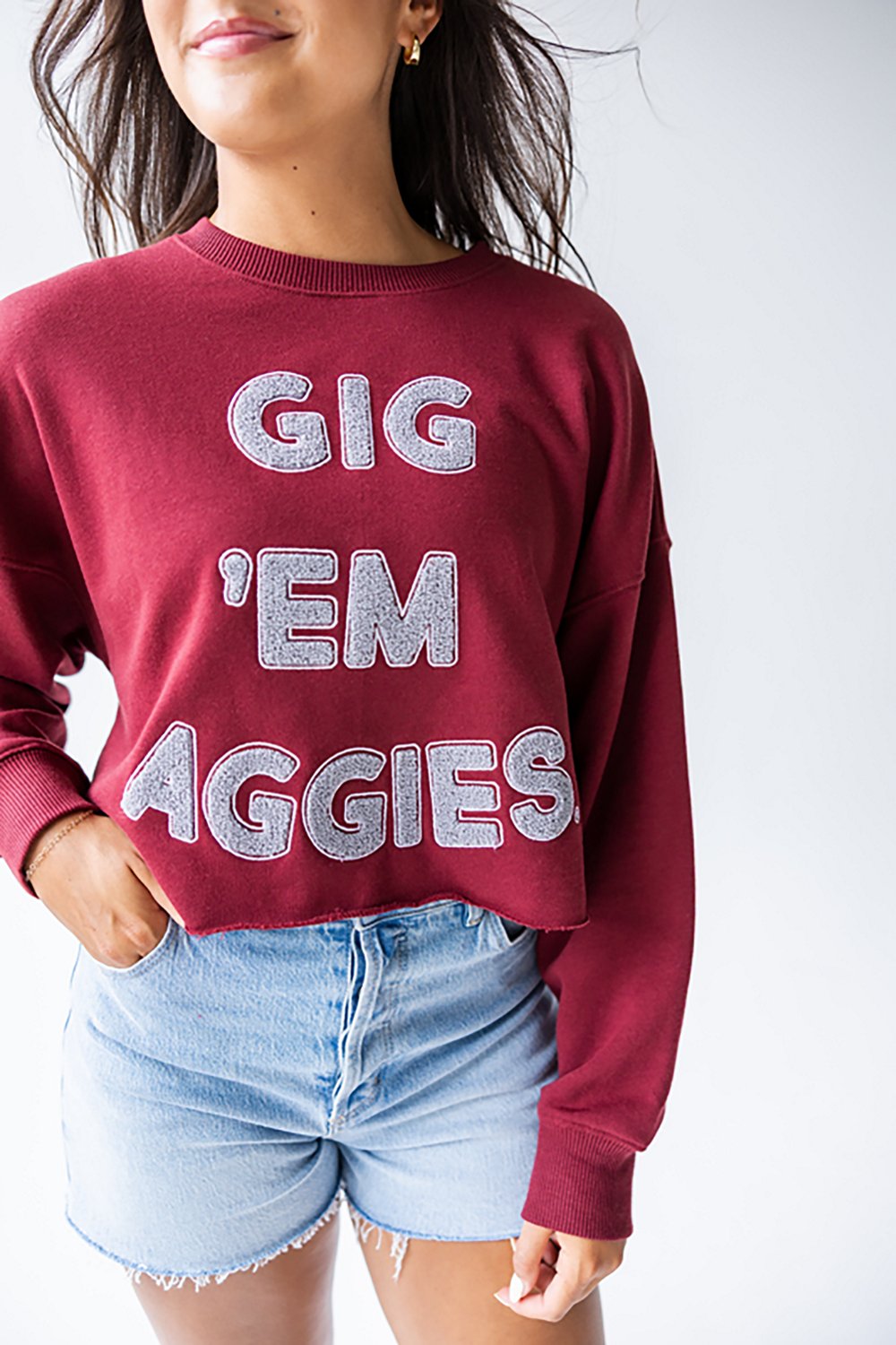 Gameday Social Women's Texas A&M Aggies Perkins Chenille Slogan Cropped Long Sleeve Crew T-shirt - view number 2