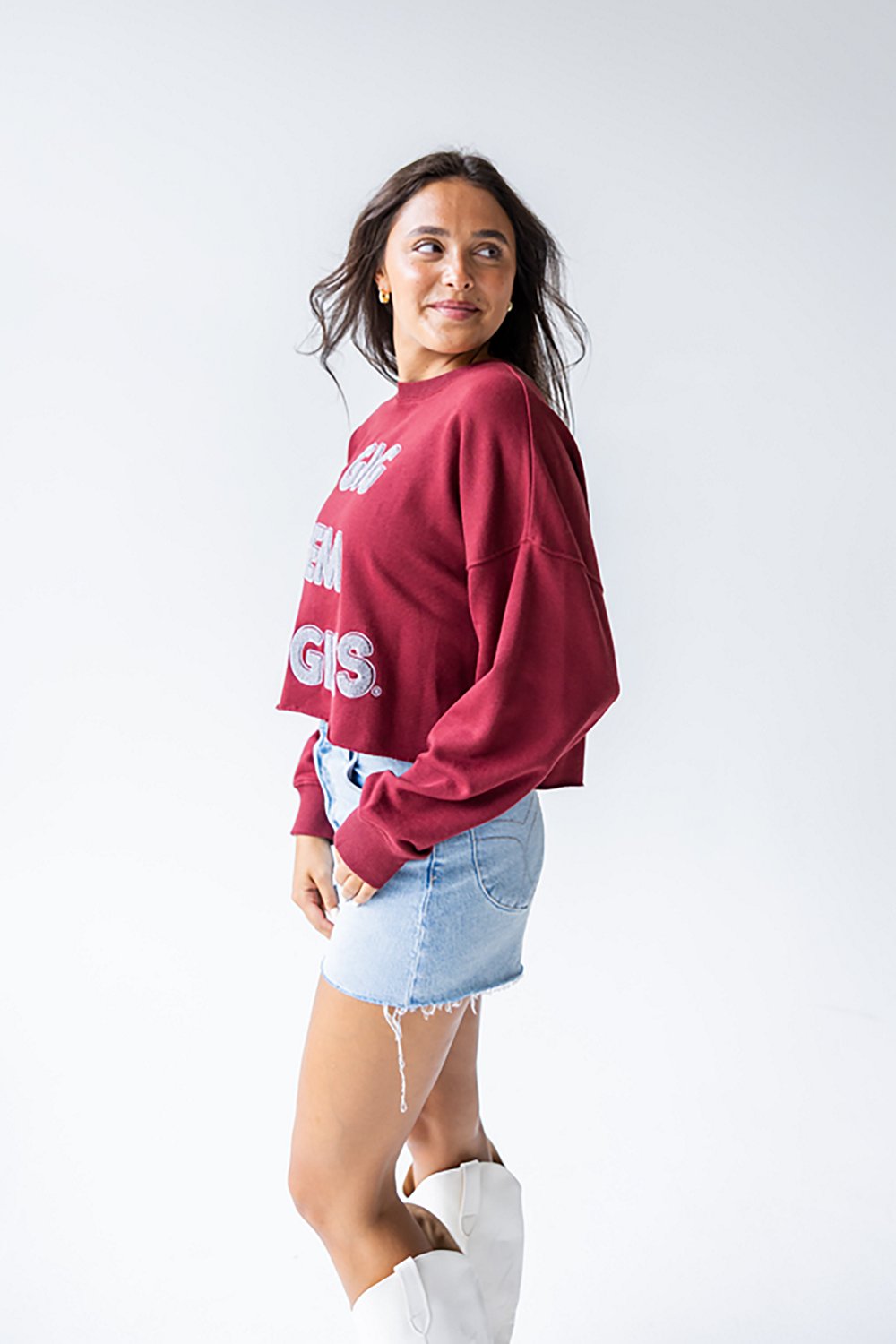 Gameday Social Women's Texas A&M Aggies Perkins Chenille Slogan Cropped Long Sleeve Crew T-shirt - view number 3