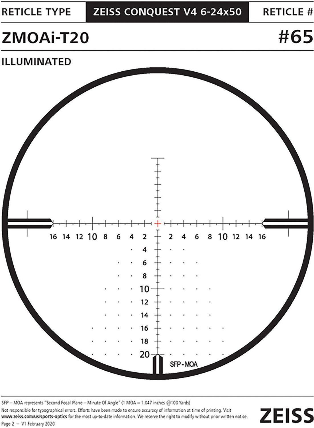 Zeiss Conquest V4 6-24 x 50 mm Riflescope with #65 ZMOAI-T20 Illuminated Reticle