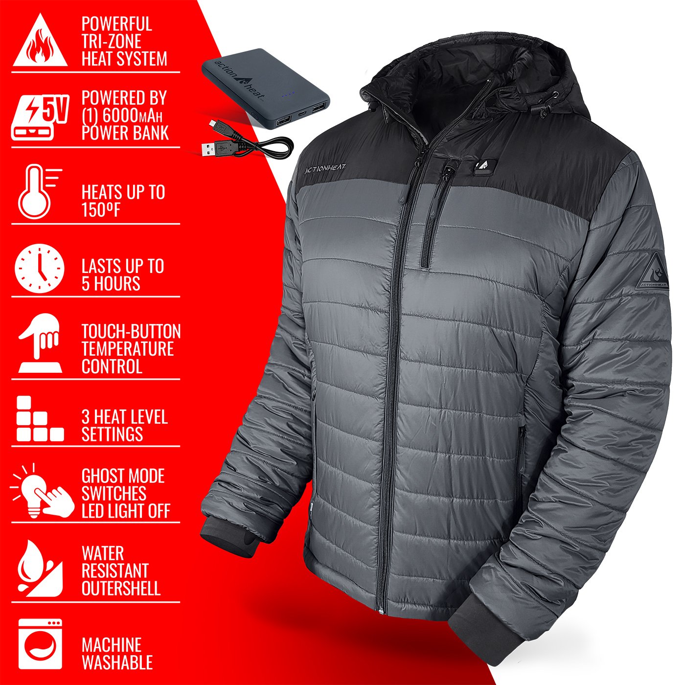 ActionHeat Men's 5V Battery Heated Color Block Hooded Puffer Jacket - view number 5