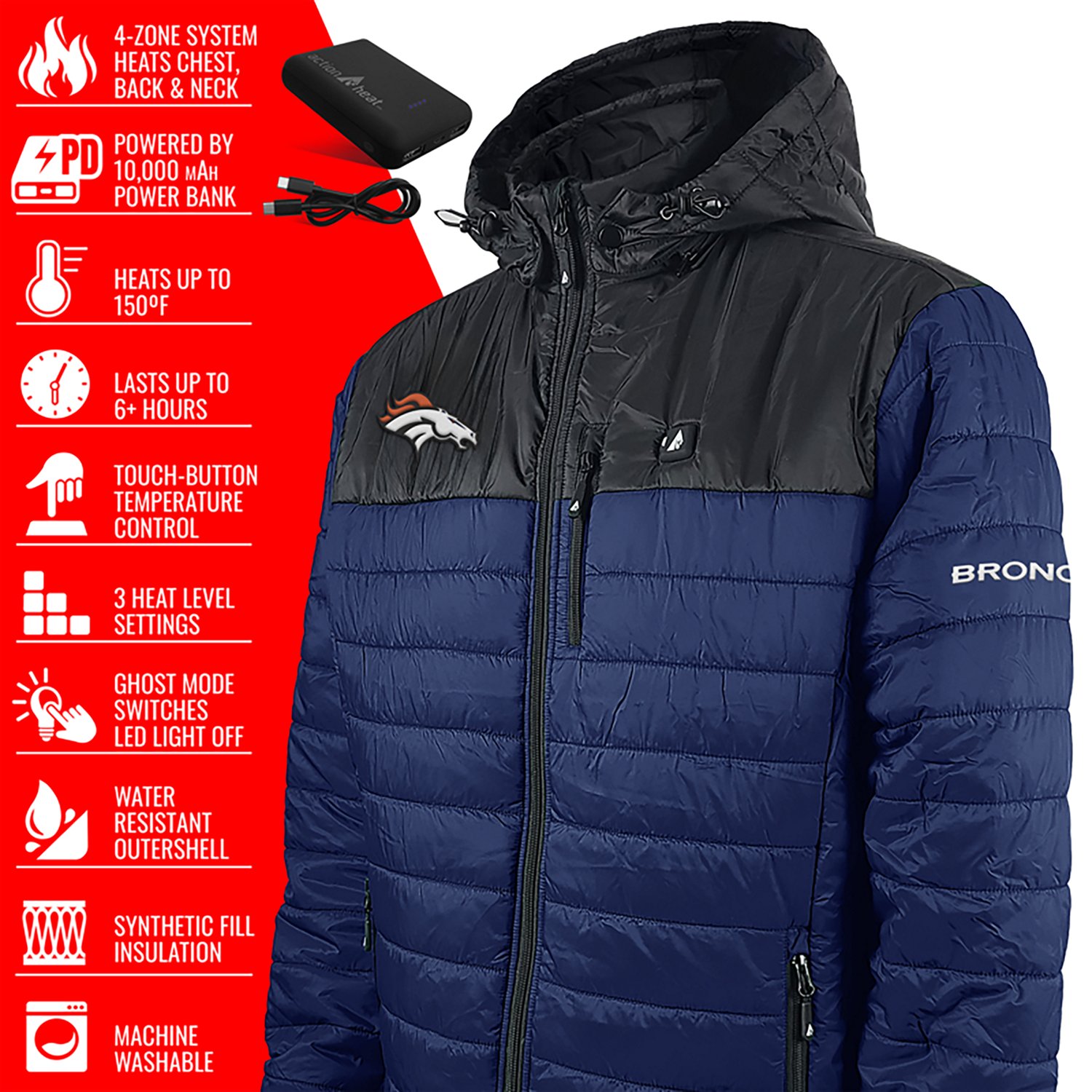 ActionHeat Men's Denver Broncos 5V Puffer Battery Heated Jacket - view number 4