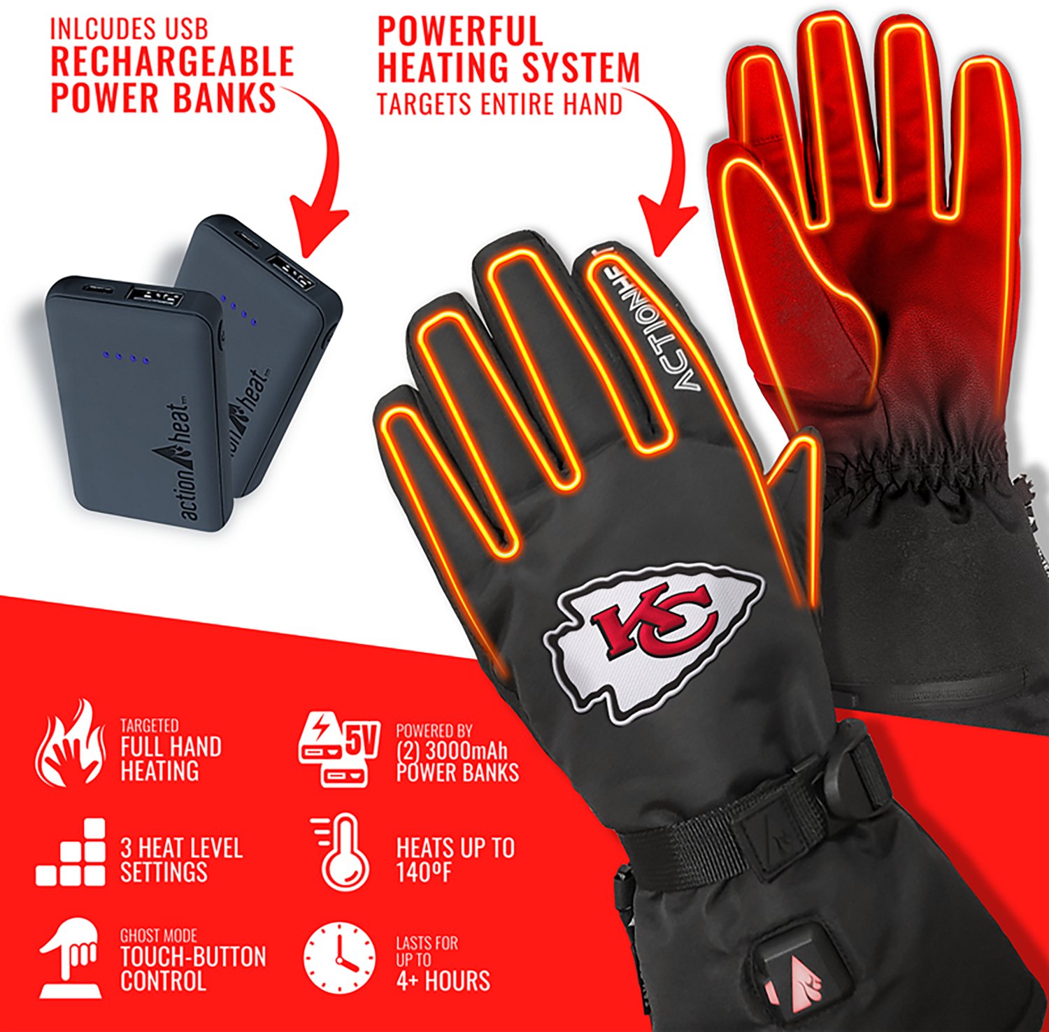 ActionHeat Adults' Kansas City Chiefs 5V Heated Winter Gloves - view number 3