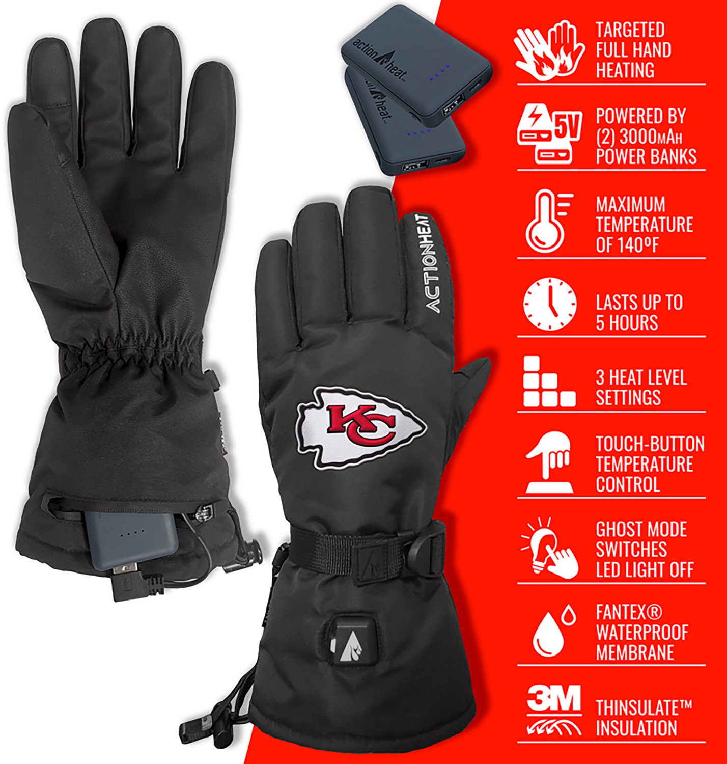 ActionHeat Adults' Kansas City Chiefs 5V Heated Winter Gloves - view number 4