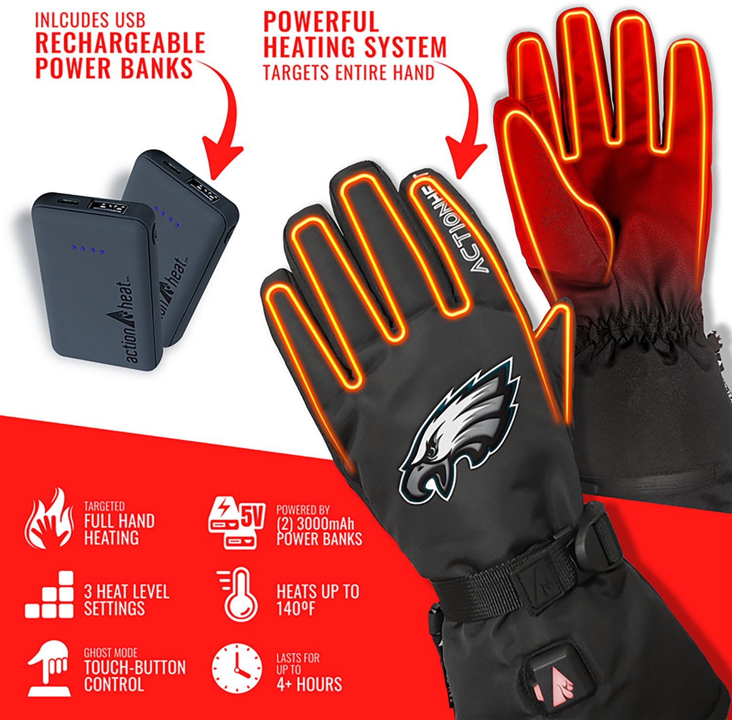 ActionHeat Adults' Philadelphia Eagles 5V Heated Winter Gloves - view number 3