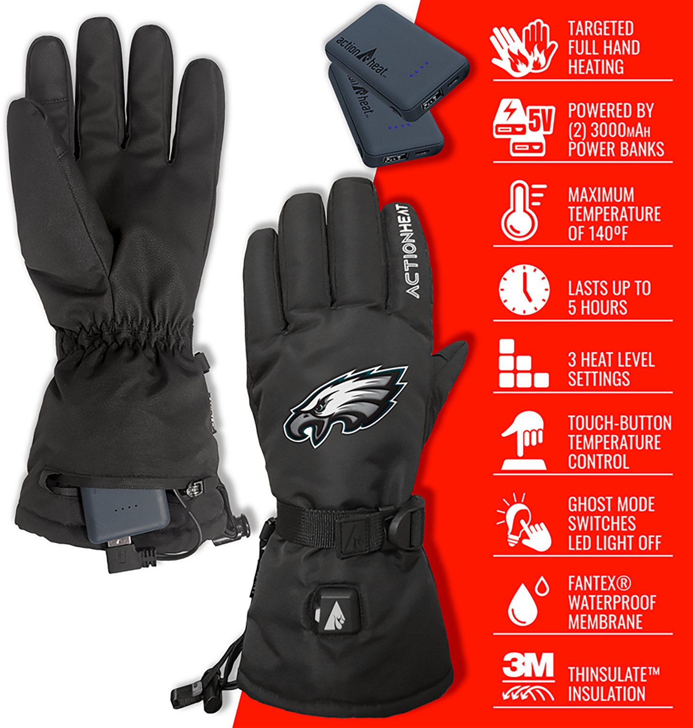 ActionHeat Adults' Philadelphia Eagles 5V Heated Winter Gloves - view number 4