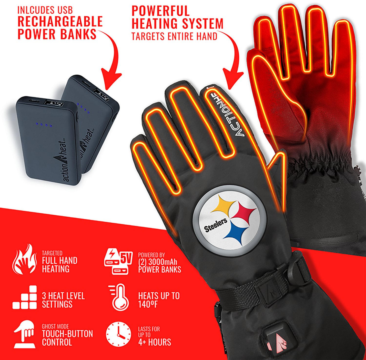 ActionHeat Adults' Pittsburgh Steelers 5V Heated Winter Gloves - view number 3