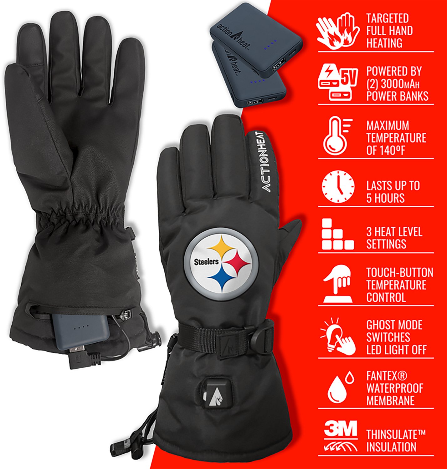 ActionHeat Adults' Pittsburgh Steelers 5V Heated Winter Gloves - view number 4