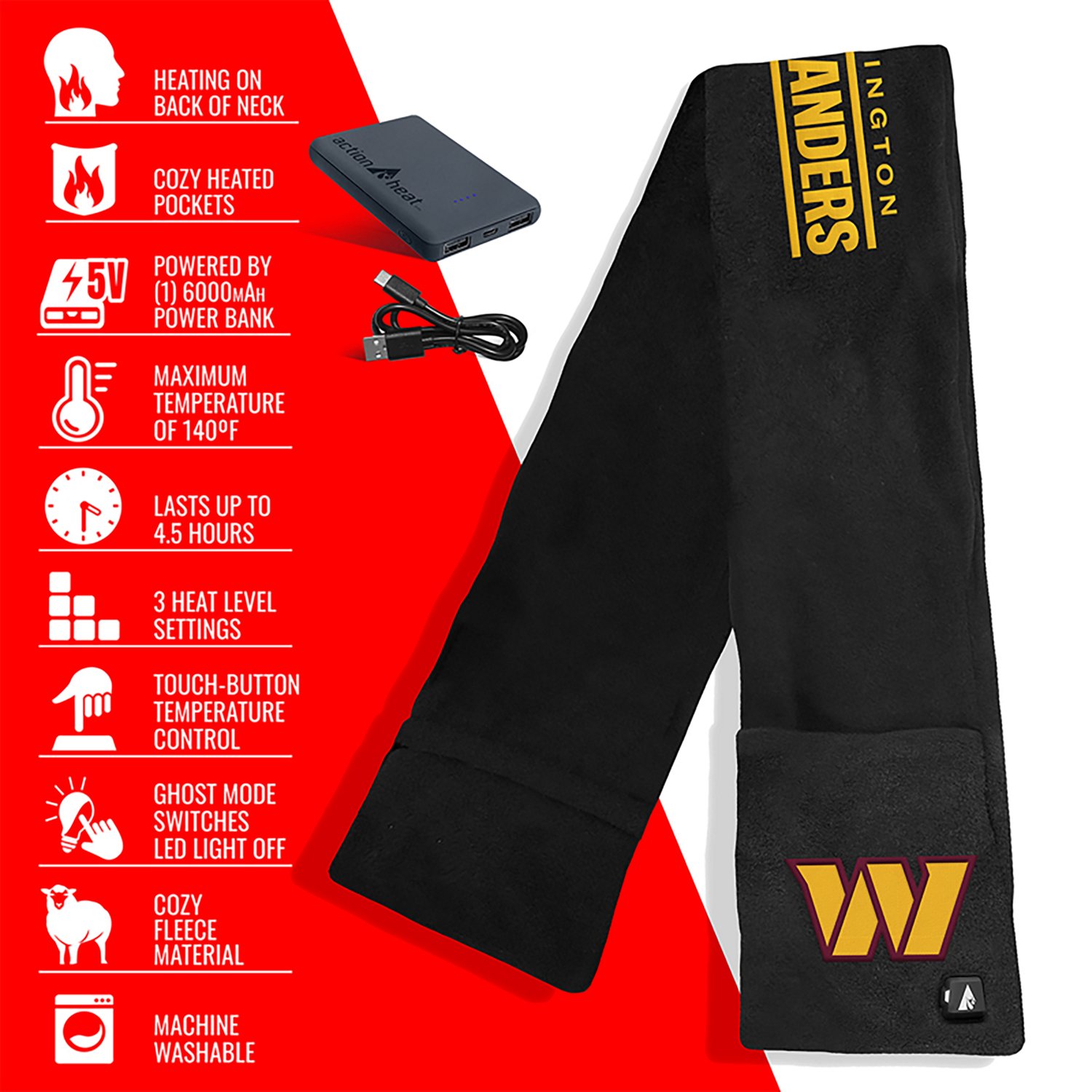 ActionHeat Adults' Washington Commanders 5V Heated Winter Scarf