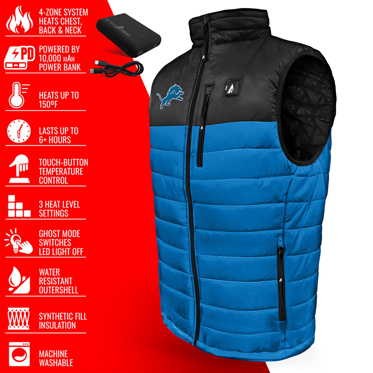 ActionHeat Men's Detroit Lions 5V Puffer Heated Vest - view number 4