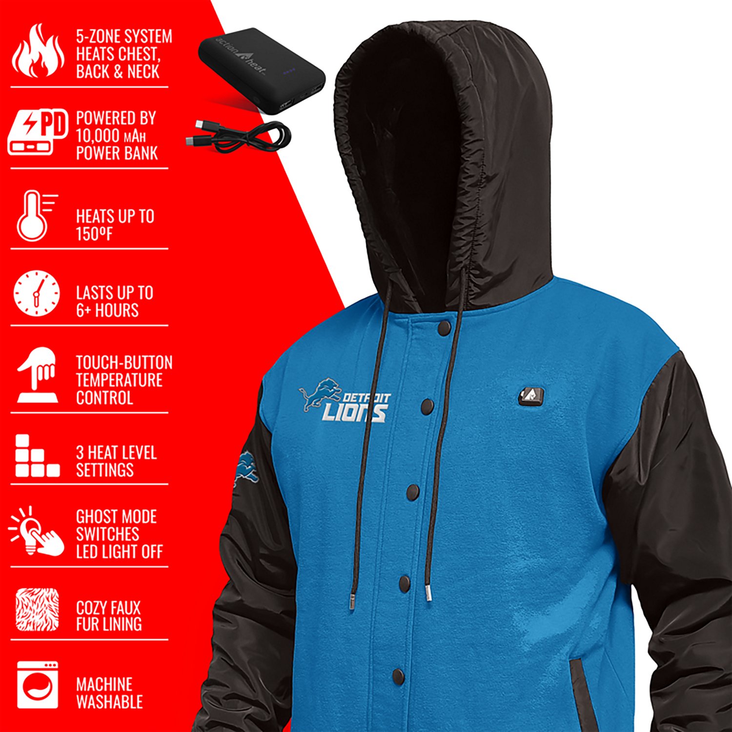 ActionHeat Men's Detroit Lions 5V Heated Varsity Jacket - view number 4