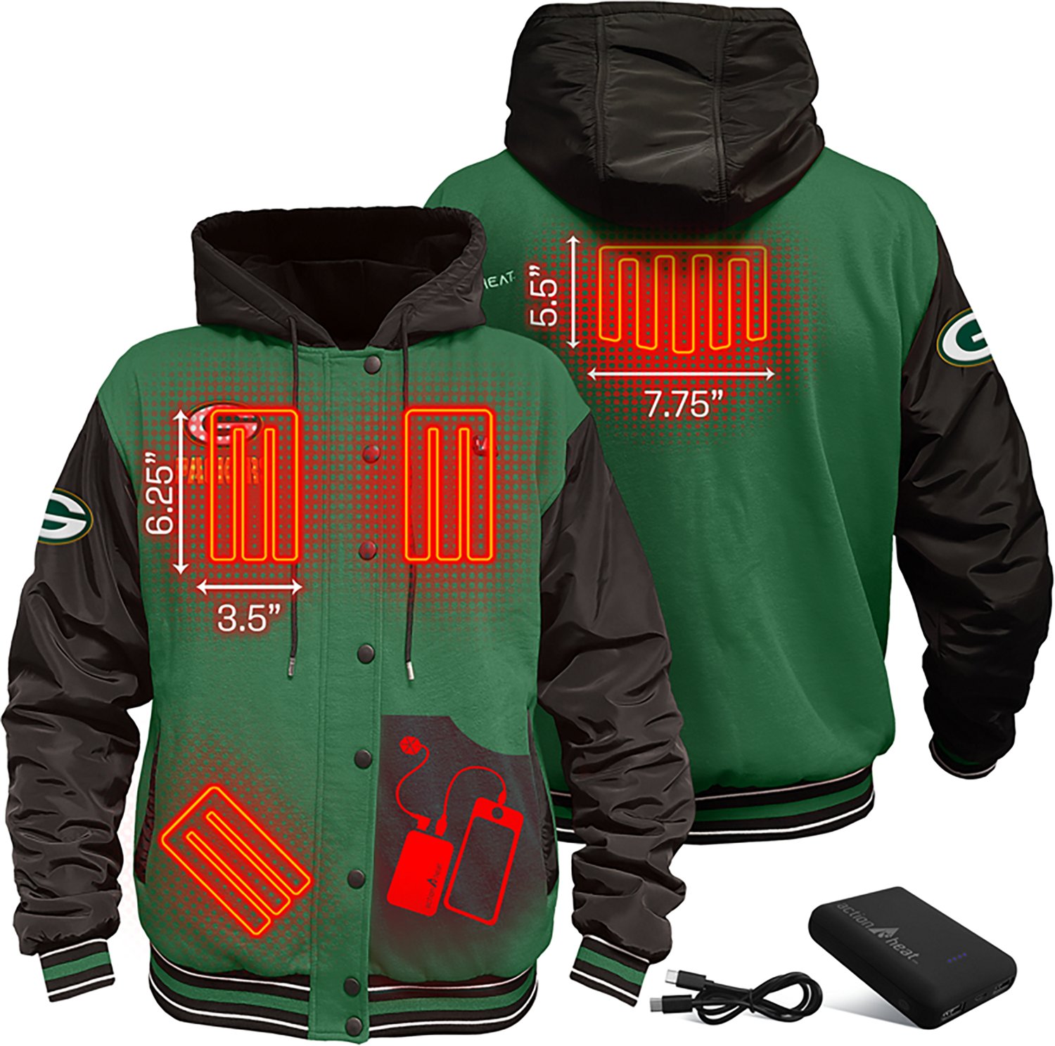 ActionHeat Men's Green Bay Packers 5V Heated Varsity Jacket - view number 3