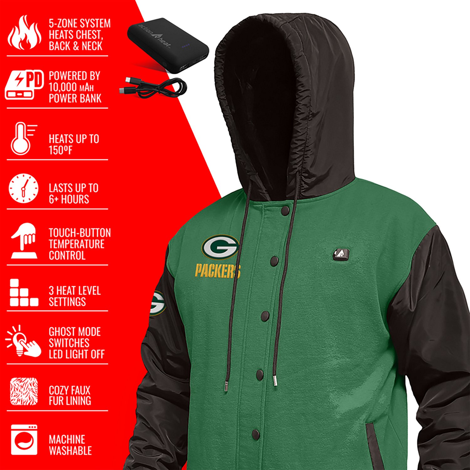 ActionHeat Men's Green Bay Packers 5V Heated Varsity Jacket - view number 4