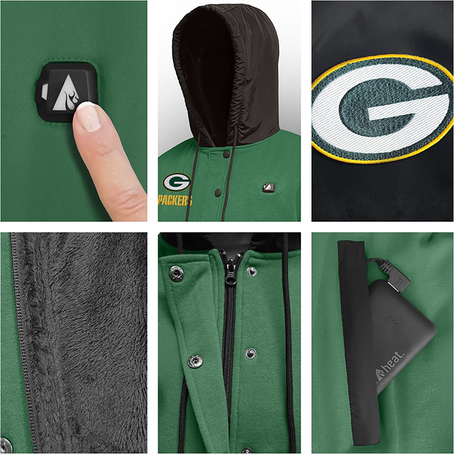ActionHeat Men's Green Bay Packers 5V Heated Varsity Jacket - view number 6