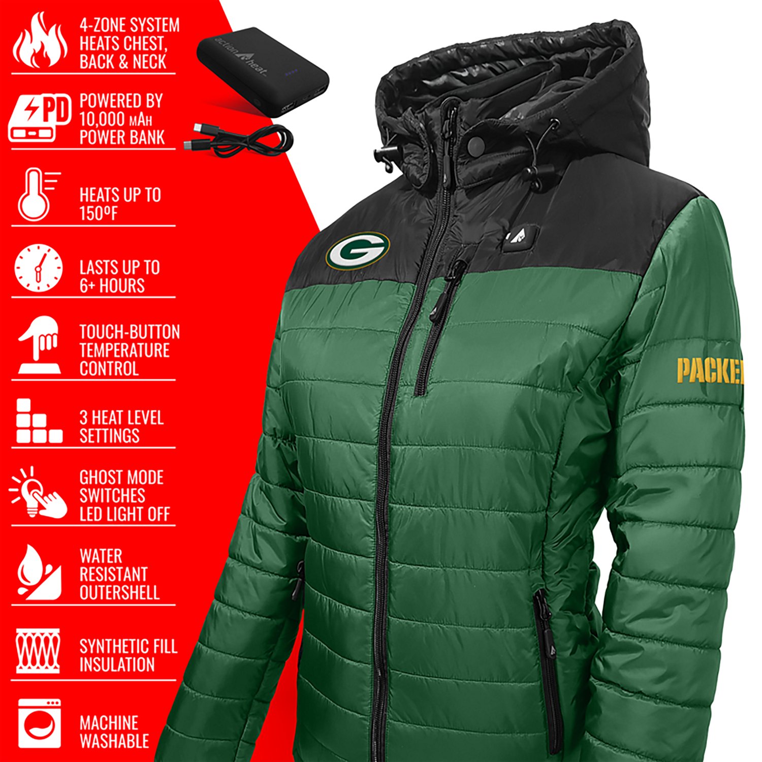 ActionHeat Women's Green Bay Packers 5V Puffer Heated Jacket - view number 4