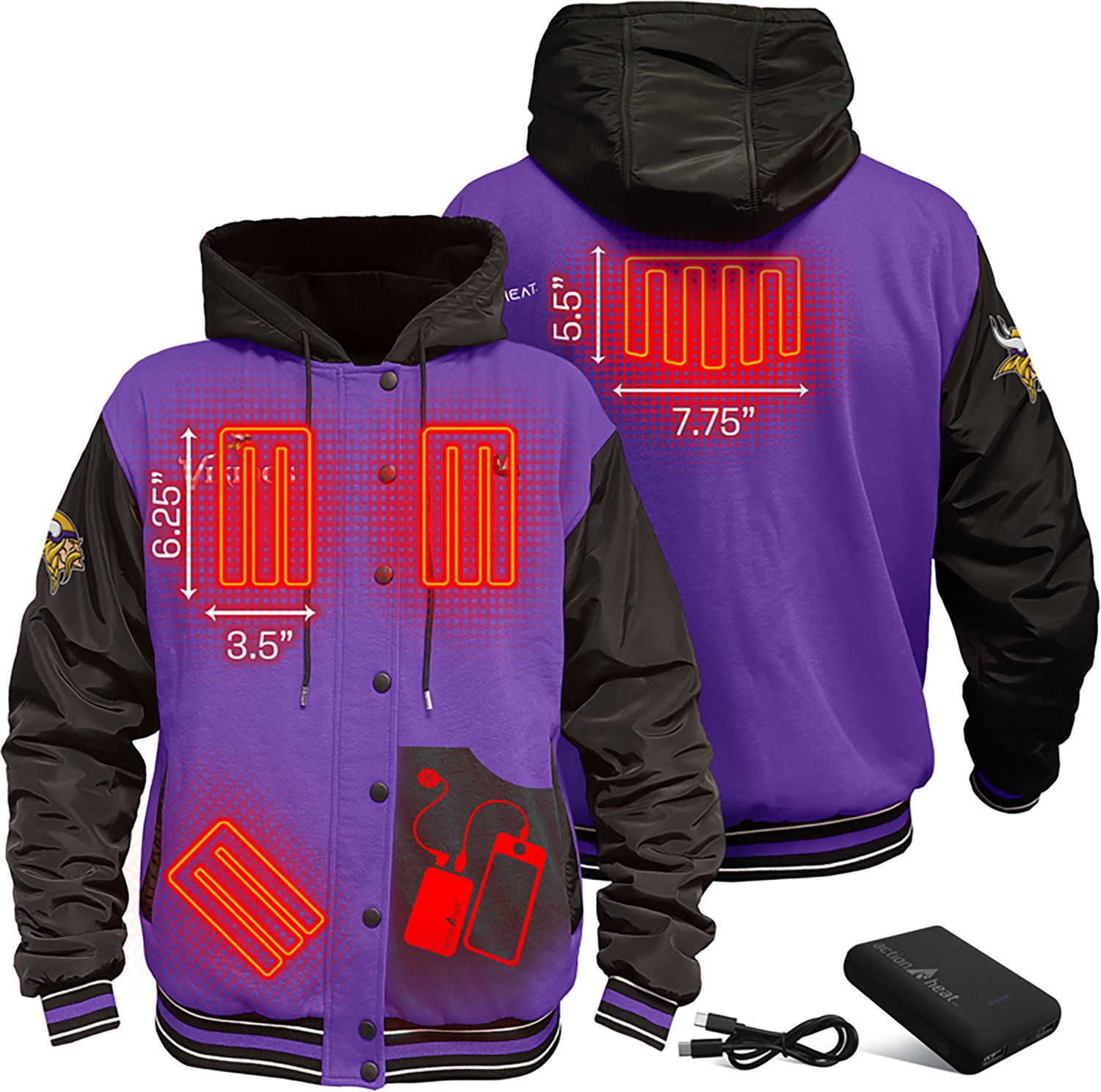 ActionHeat Men's Minnesota Vikings 5V Heated Varsity Jacket - view number 3