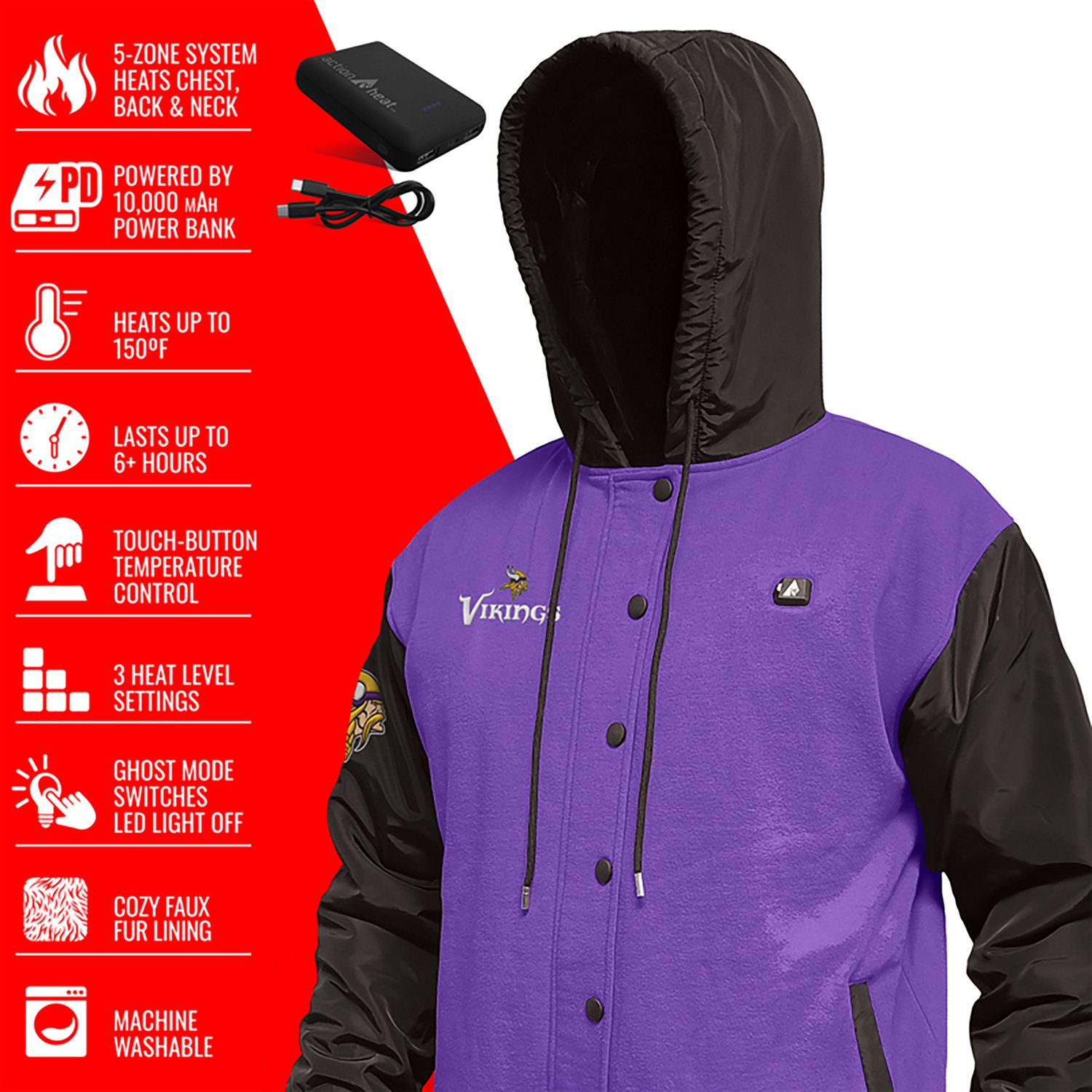 ActionHeat Men's Minnesota Vikings 5V Heated Varsity Jacket - view number 4
