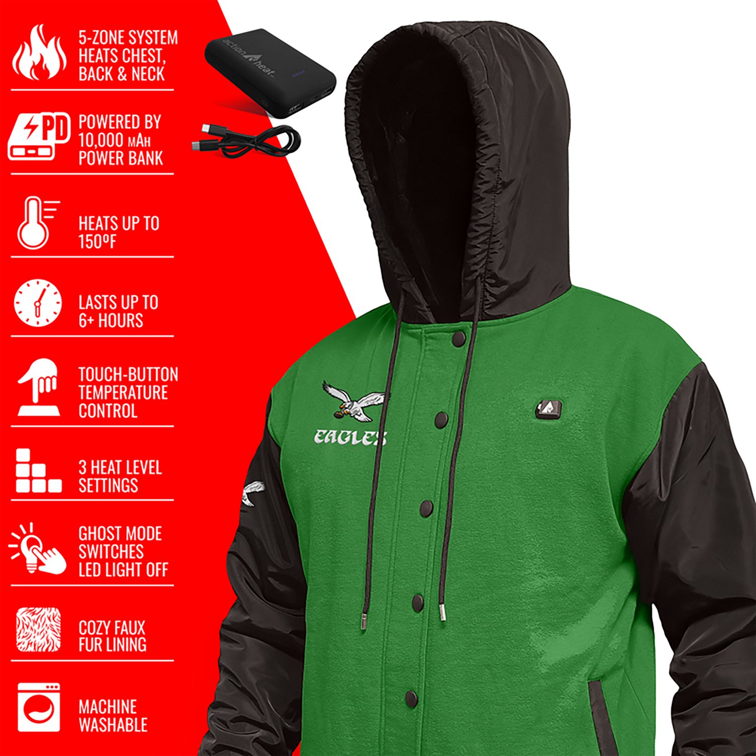 ActionHeat Men's Philadelphia Eagles 5V Heated Varsity Jacket - view number 4