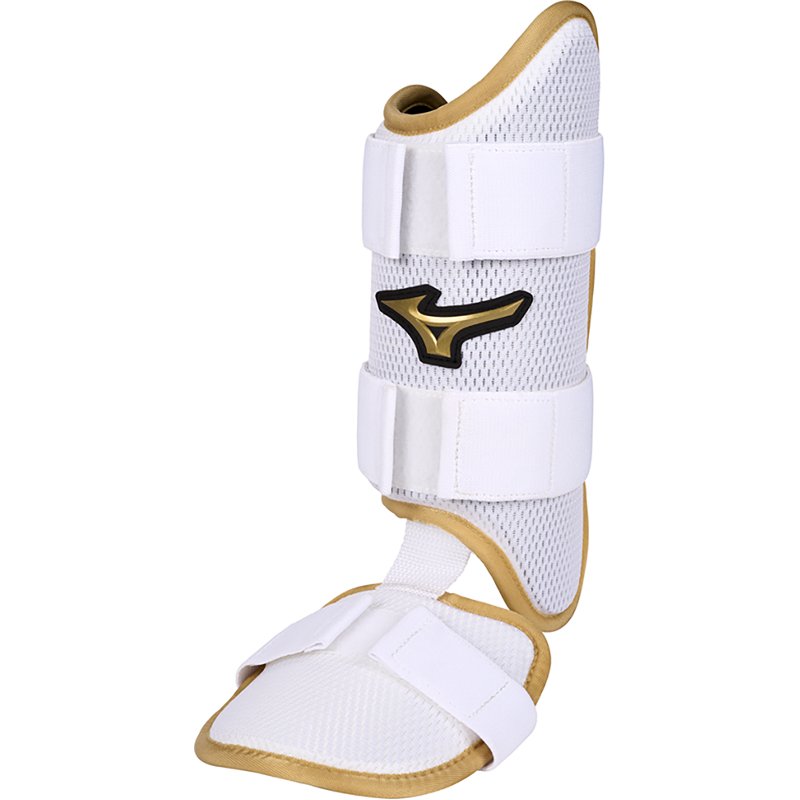 Mizuno Pro Batter's Leg Guard, Left-Handed Batter, White/Gold