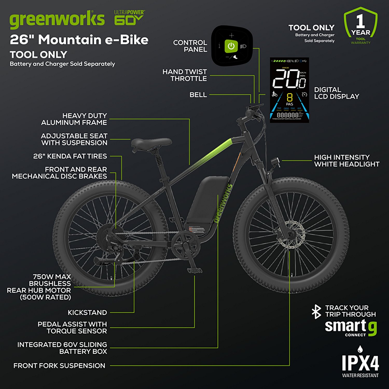 Greenworks Adults’ 60V VENTURE Series 26 in Fat Tire Electric Mountain Bike - view number 2