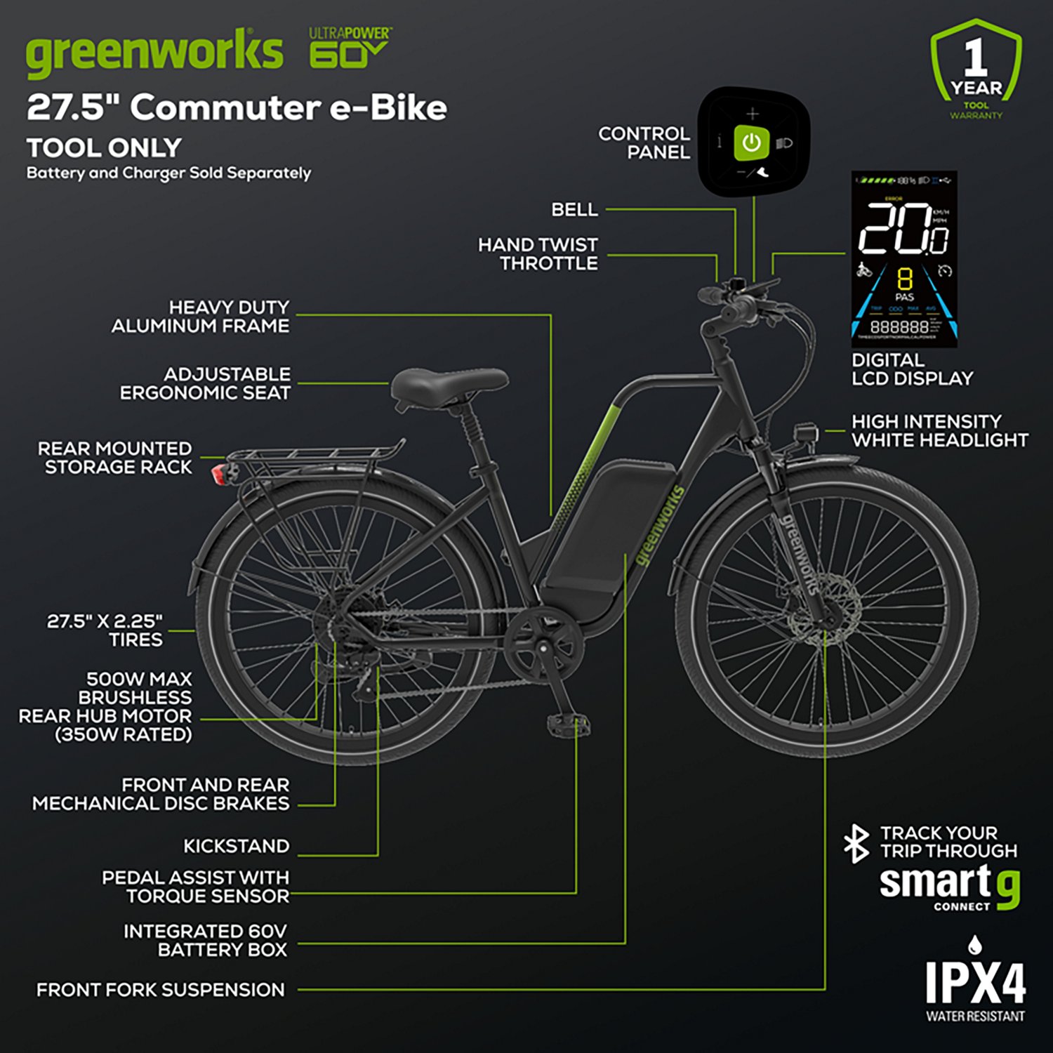 Greenworks Adults’ 60V VENTURE Series 27.5 in Electric Commuter Bike - view number 2