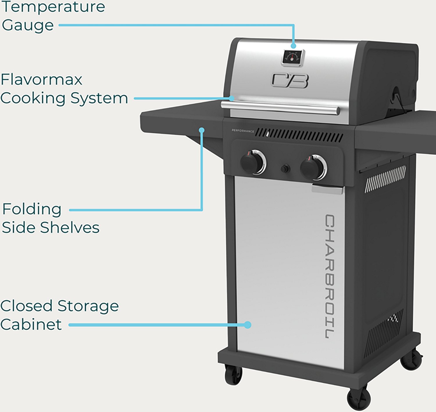 Charbroil Performance Series™ FlavorMax™ 2 Burner Gas Grill Cabinet with Foldable Side Shelves Gray Stainless - view number 6
