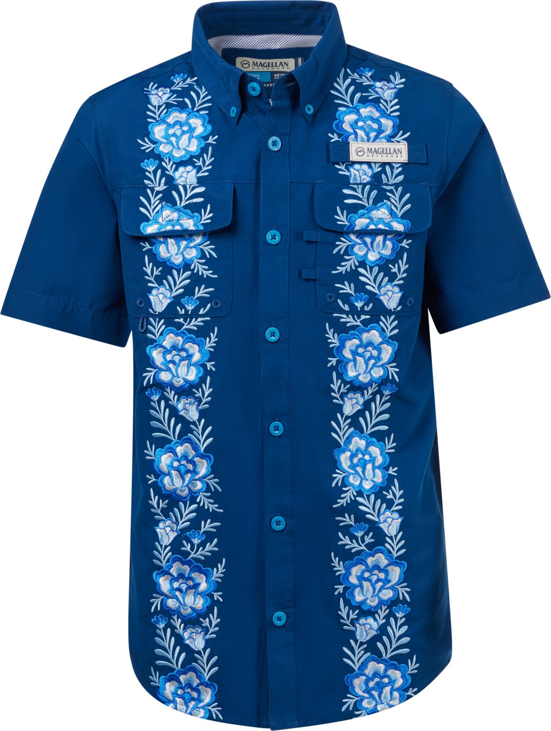 Magellan Outdoors Boys’ Laguna Madre Hispanic Heritage Flores Azul Guayabera Button Up Shirt