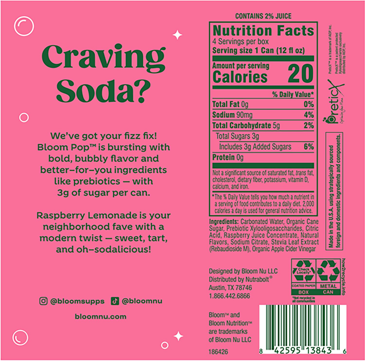 Bloom Nutrition Pop Raspberry Lemonade Prebiotic Soda 4-Pack - view number 4