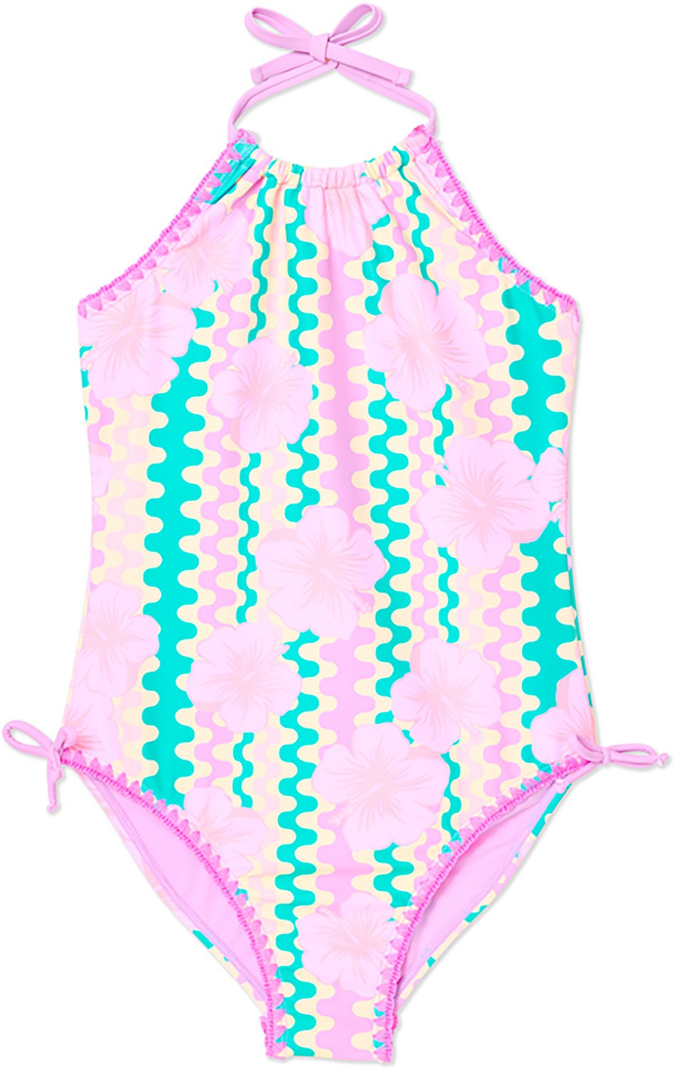 Breaking Waves Girls' One Piece Swimsuit with Pop Stitching and Cinched Sides - view number 2