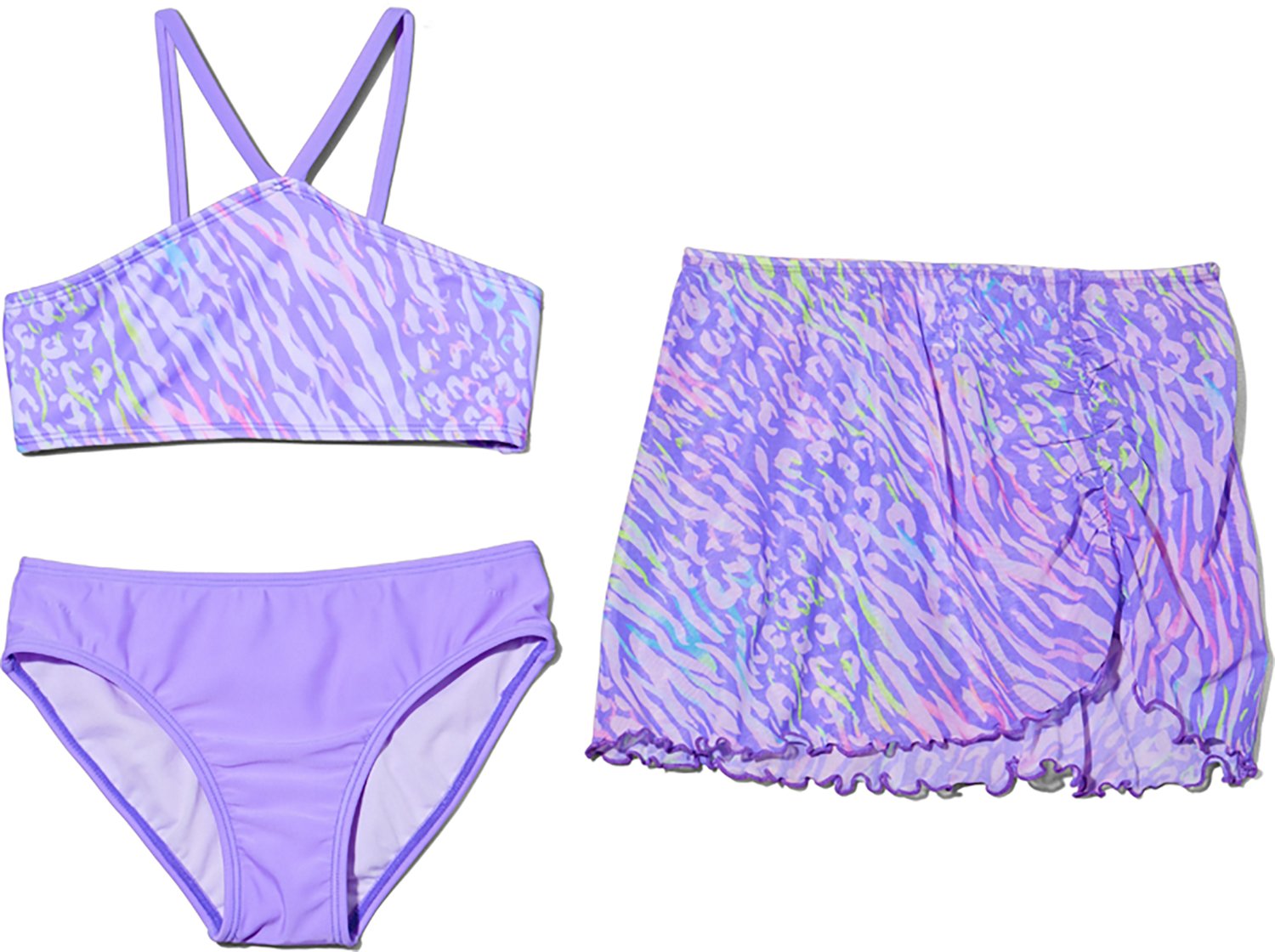 O'Rageous Girls' Animal Spectrum Halter Bikini Set with Skirt Coverup