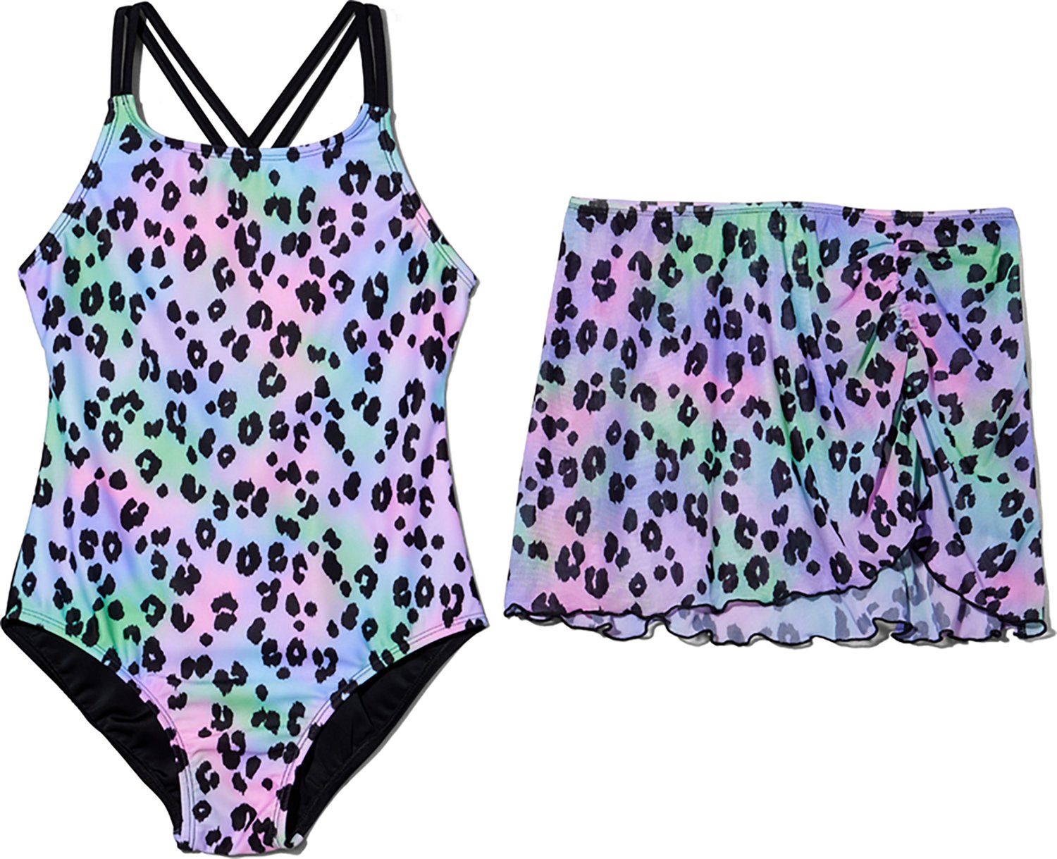 O'Rageous Girls' Leopard Airbrush Tie Dye Crossback 1-Piece Swimsuit with Skirt Coverup