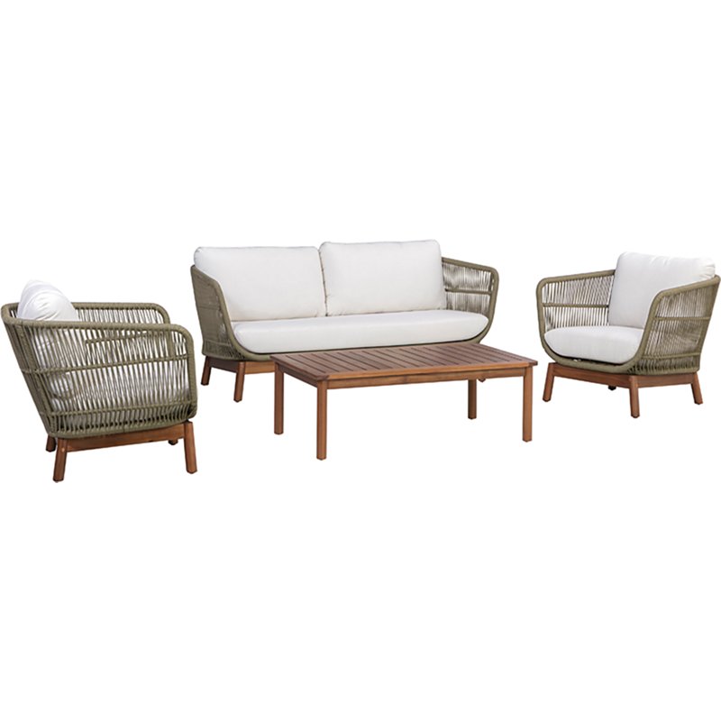 Teamson Home Acacia Rope 4-Piece Cushioned Conversation Outdoor Furniture Set