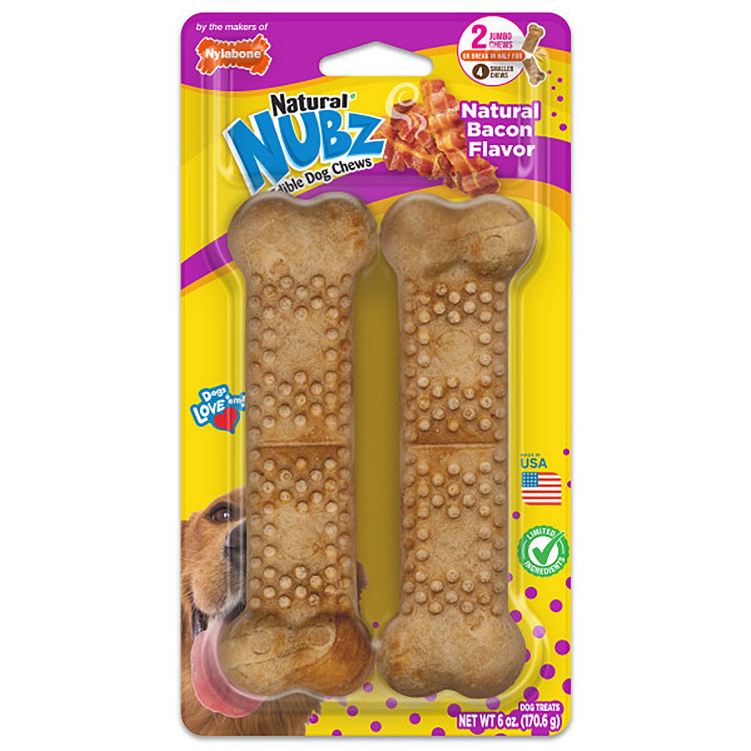 Nylabone Jumbo Bacon Nubz Dog Chew Treats 2-count