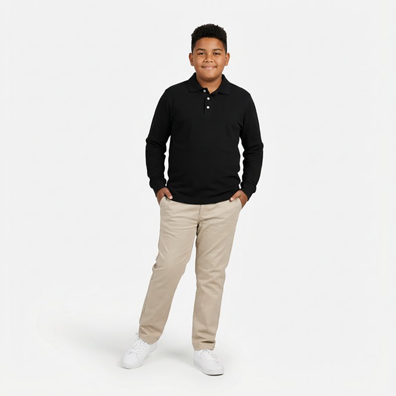 French Toast Little & Big Kid Boys Long Sleeve Boxy Fit Polo Shirt, Medium, Black