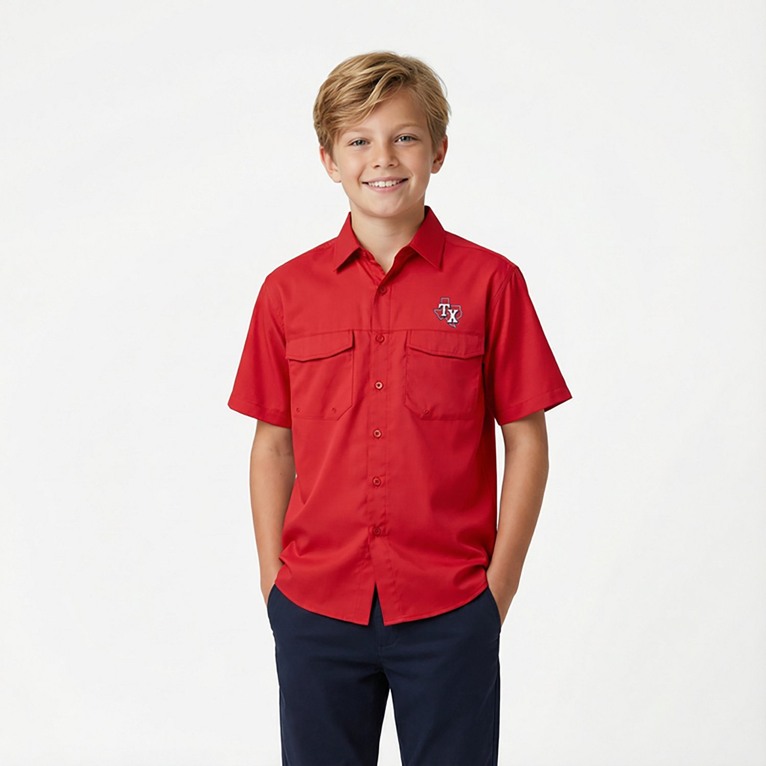 Antigua Men's Texas Rangers Game Day Woven Fishing Shirt