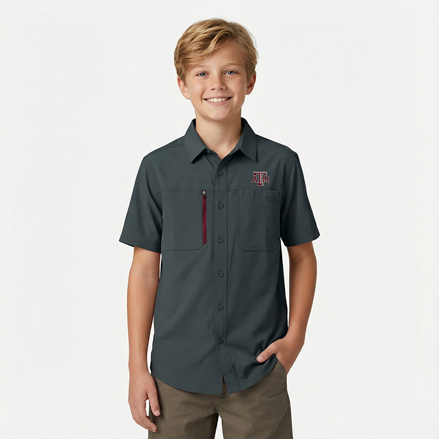 Antigua Men's Texas A&M University Kickoff Woven Short Sleeve Fishing Shirt - view number 3